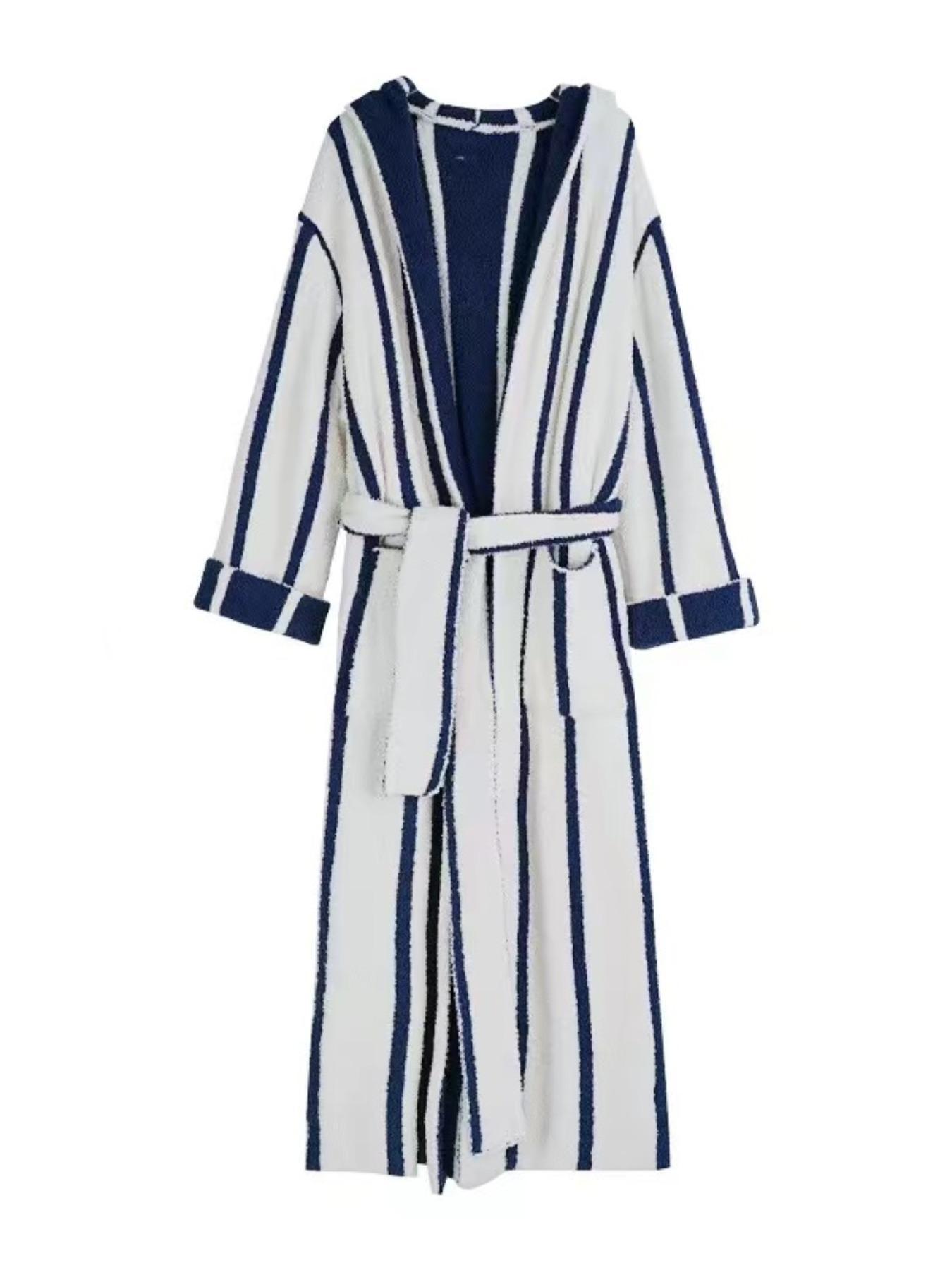 [COZY Soft Plush Feel] Women's Striped Print Long Sleeve Bathrobe, Casual Soft Comfortable Warm Oversized Hooded Robe, Ladies Sleepwear & Loungewear for Fall & Winter