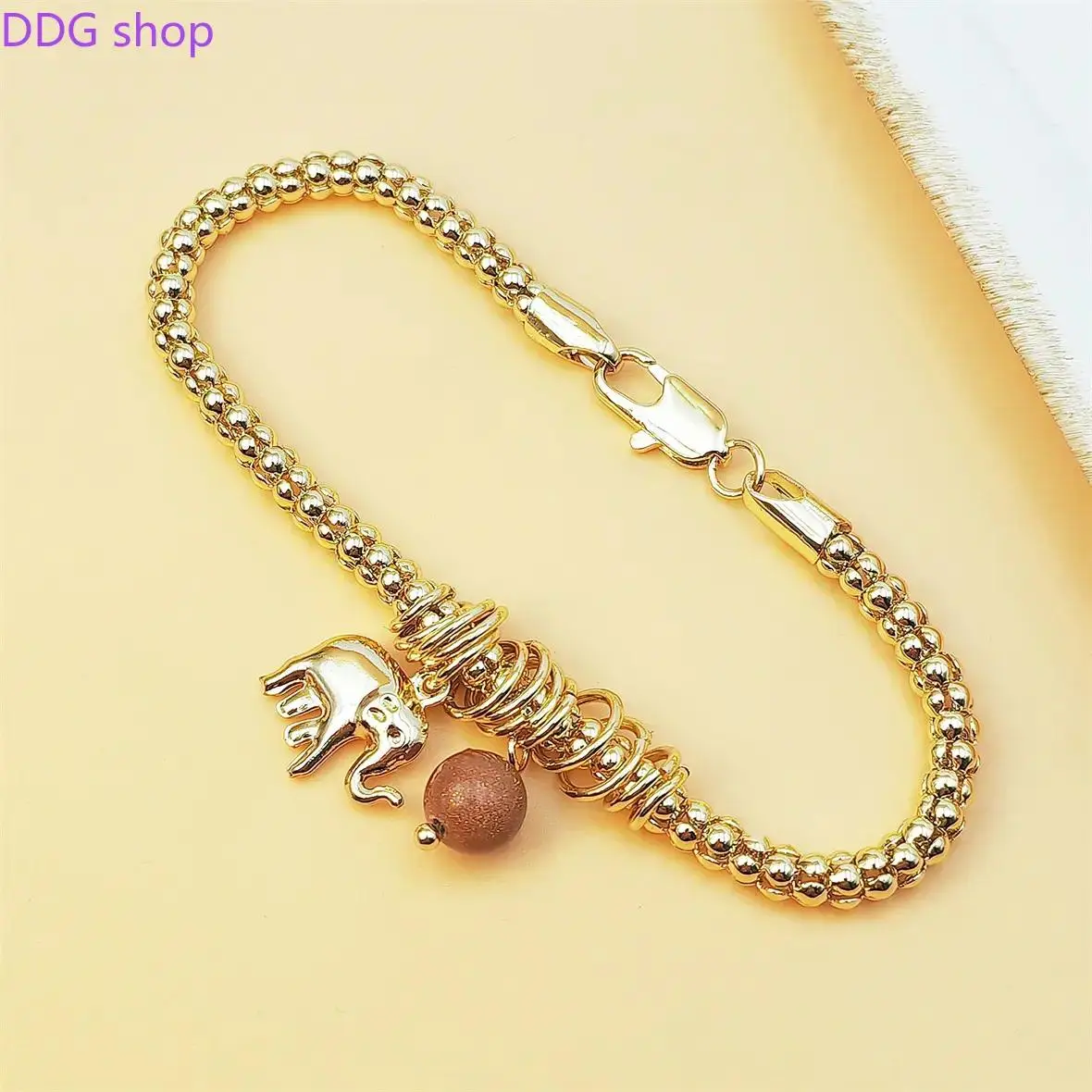 14K Gold Plated Beaded Chain Bracelet with Lucky Elephant Charm & Sunstone Pendant - Good Luck Statement Jewelry for Women, Lobster Clasp, Adjustable