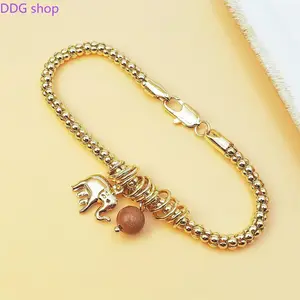 14K Gold Plated Beaded Chain Bracelet with Lucky Elephant Charm & Sunstone Pendant - Good Luck Statement Jewelry for Women, Lobster Clasp, Adjustable
