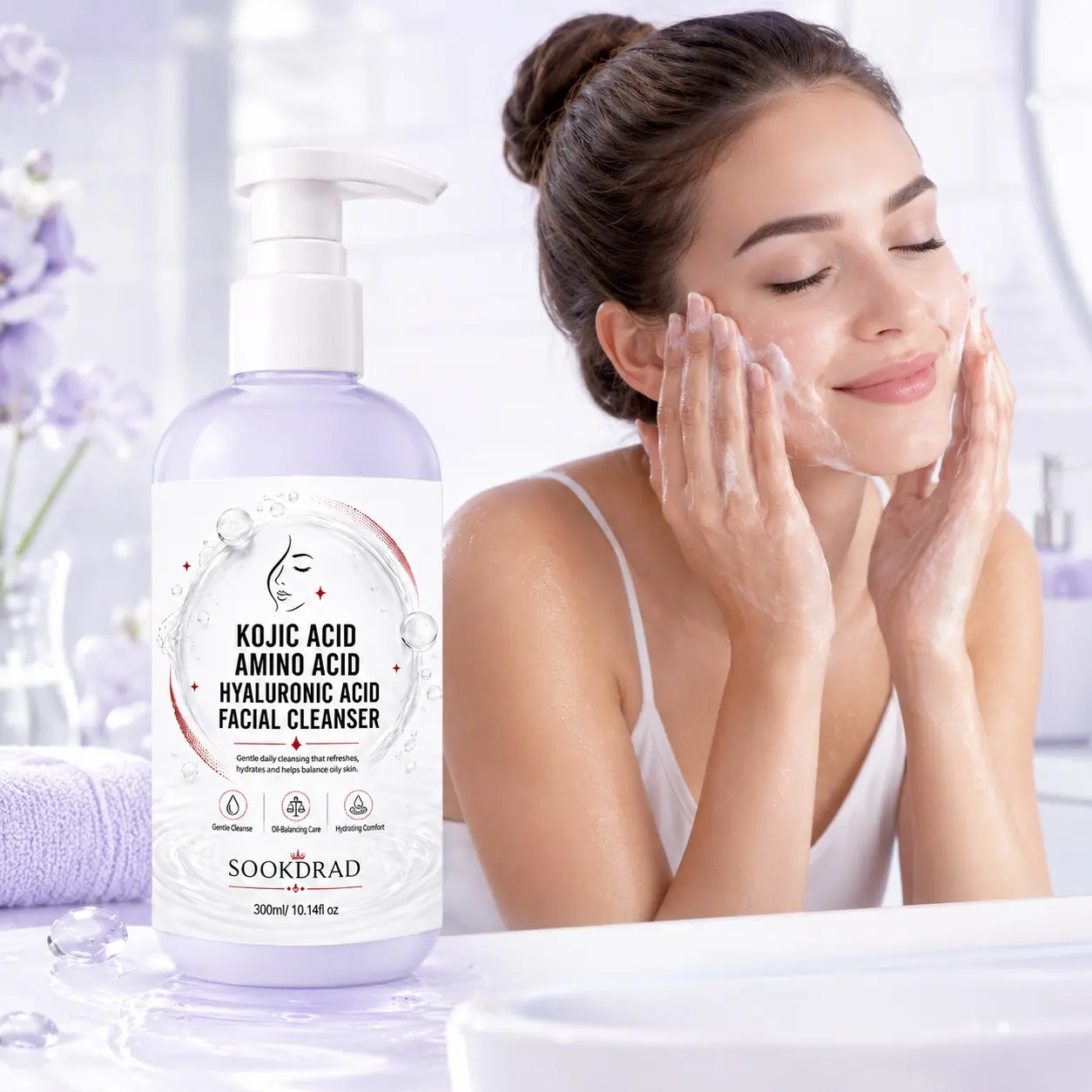 FACIAL CLEANSER, KOJIC ACID, AMINO ACID, HYALURONIC ACID, gentle cleansing, oil balancing, hydrating comfort, oily skin, daily facial cleansing, 300ml/10.14fl oz