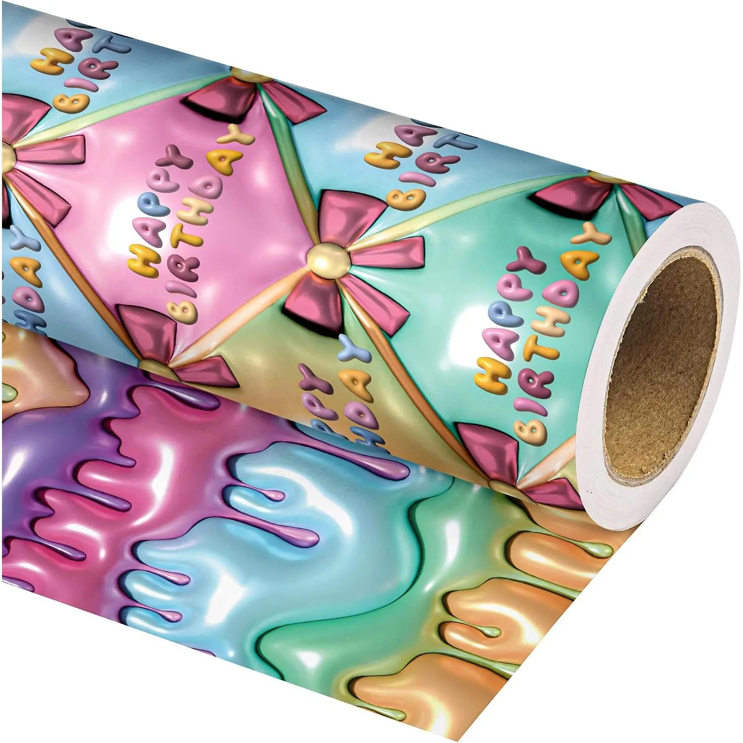 Birthday Wrapping Paper Roll - Reversible, Stereo Print, Large Bow, Colorful Happy Birthday Text Design, Durable, Not Folded, for Kids, Holiday Party Supplies, 28.5 sq.ft Durable Gifts & Wrapping Stationery