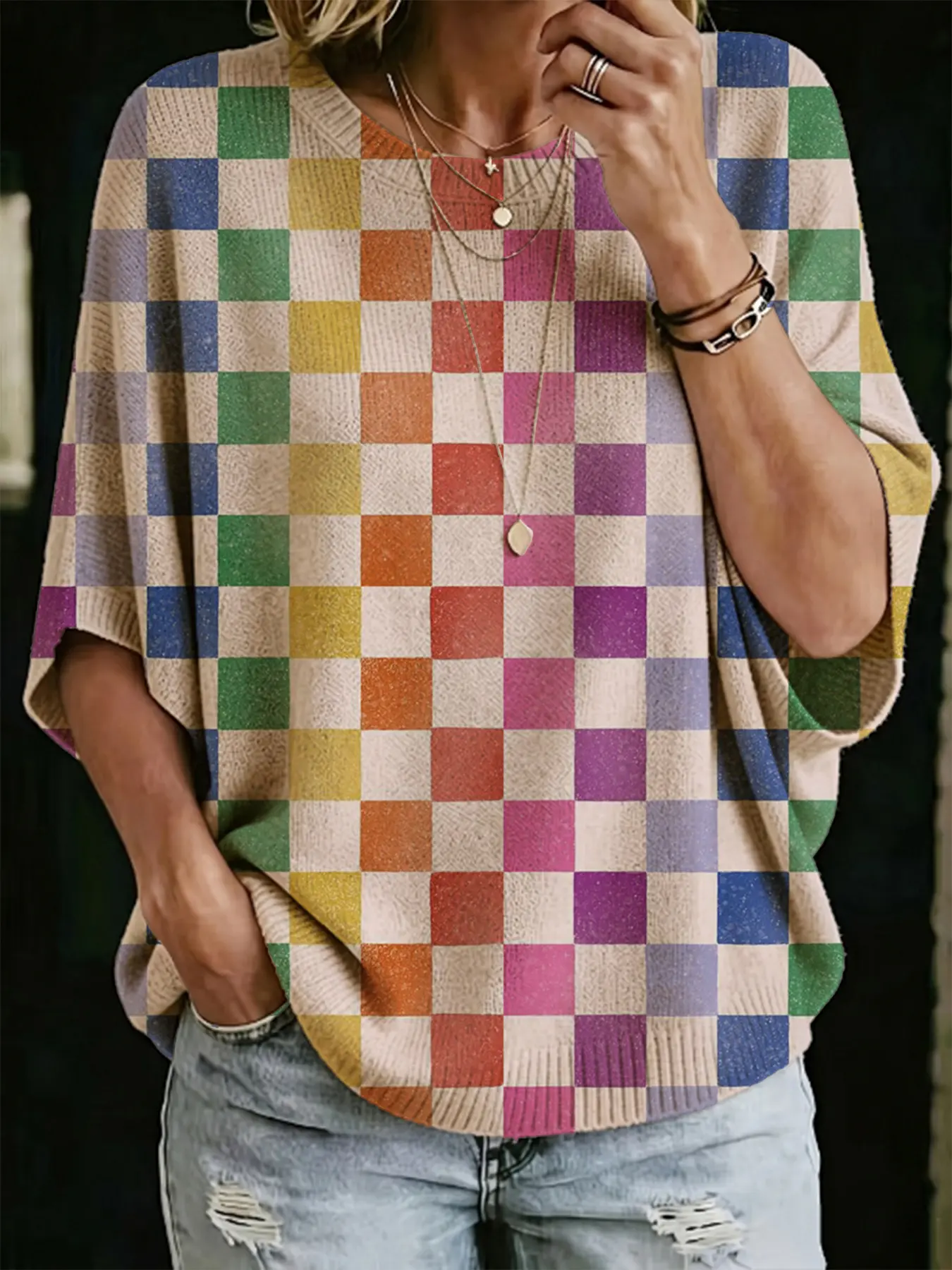 Women's Knit Top for Spring Summer Fall Winter, Casual Basic Knitwear Commuter Geometric Print Oversized Sweater, Versatile Daily Wear