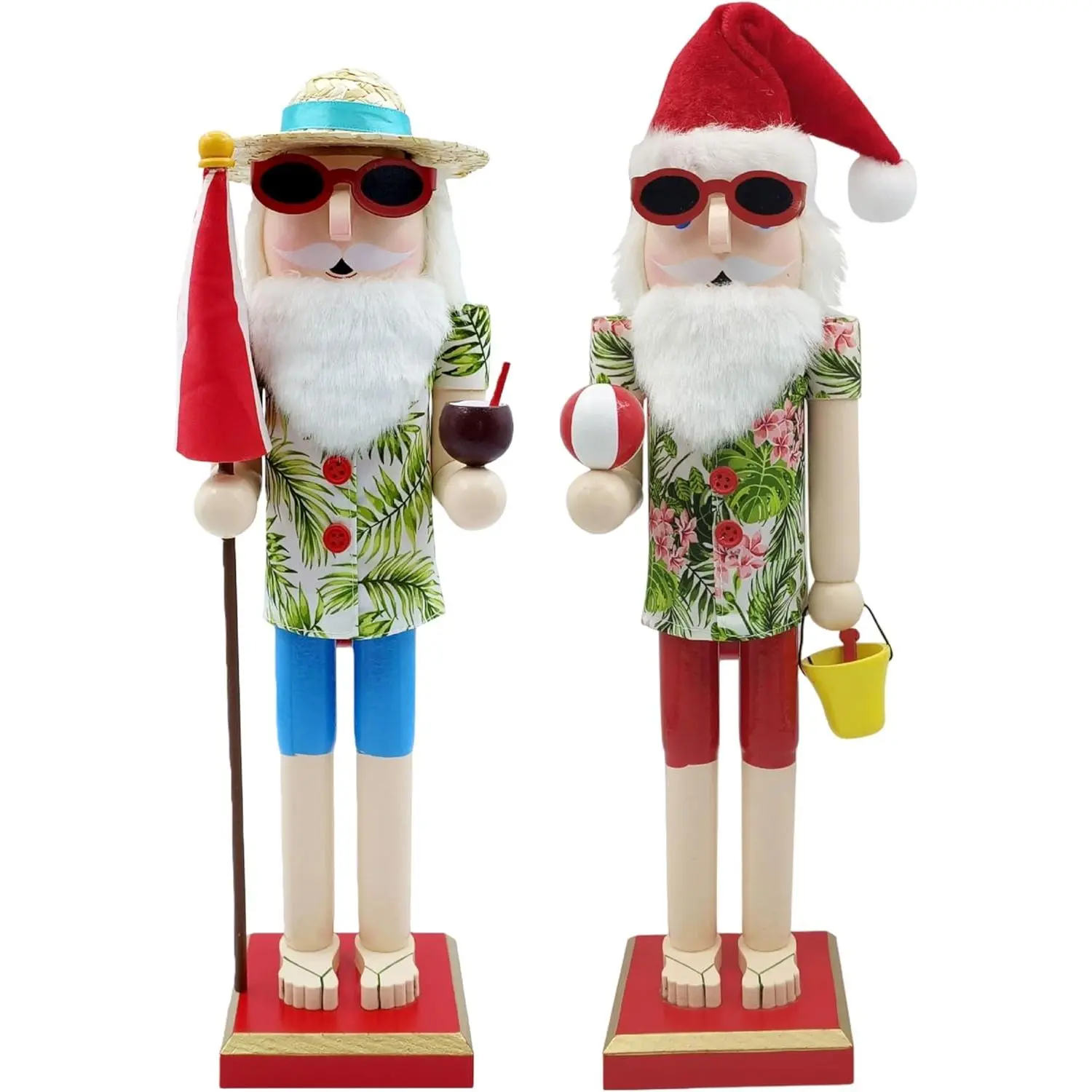 15-Inch Large Wooden Beach Hawaiian Surfer Santa Nutcracker Figure, Festive Fisherman Xmas Decor with Umbrella + Volleyball, Tabletop Centerpiece & Coastal Shelf Ornament for All Ages (Collectibles), Christmas