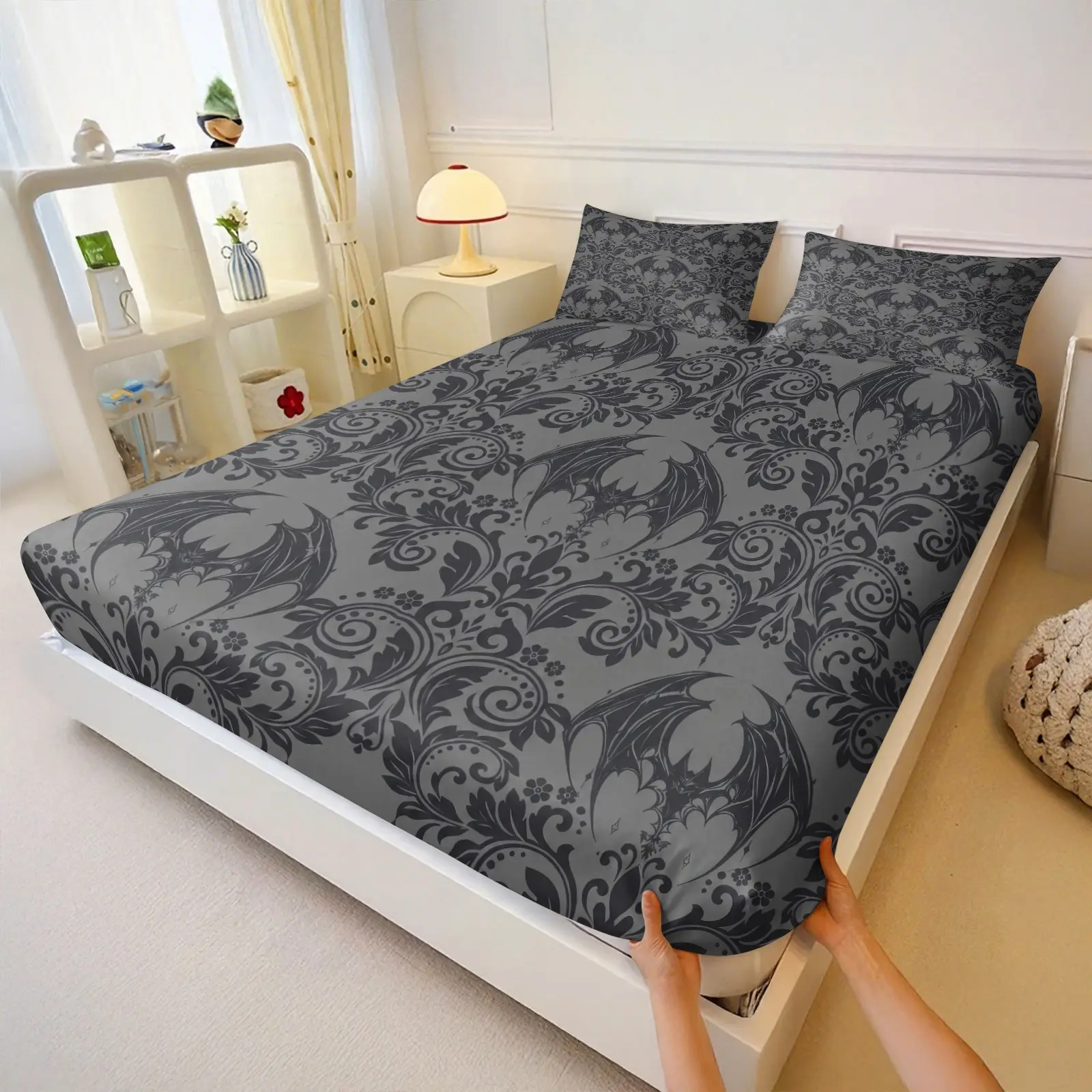 3Pcs Gothic Bat Damask Fitted Sheet Set, Dark Vintage Pattern Bed Sheet Set, 1 Fitted Sheet & 2 Pillowcase No Filling, Deep Pocket, Goth Aesthetic for Teens Adults Halloween Bedroom
