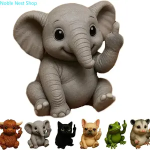 Funny Middle Finger Elephant Statue, Cute Animal Desktop Decor Mini Sculpture for Office Home Gift