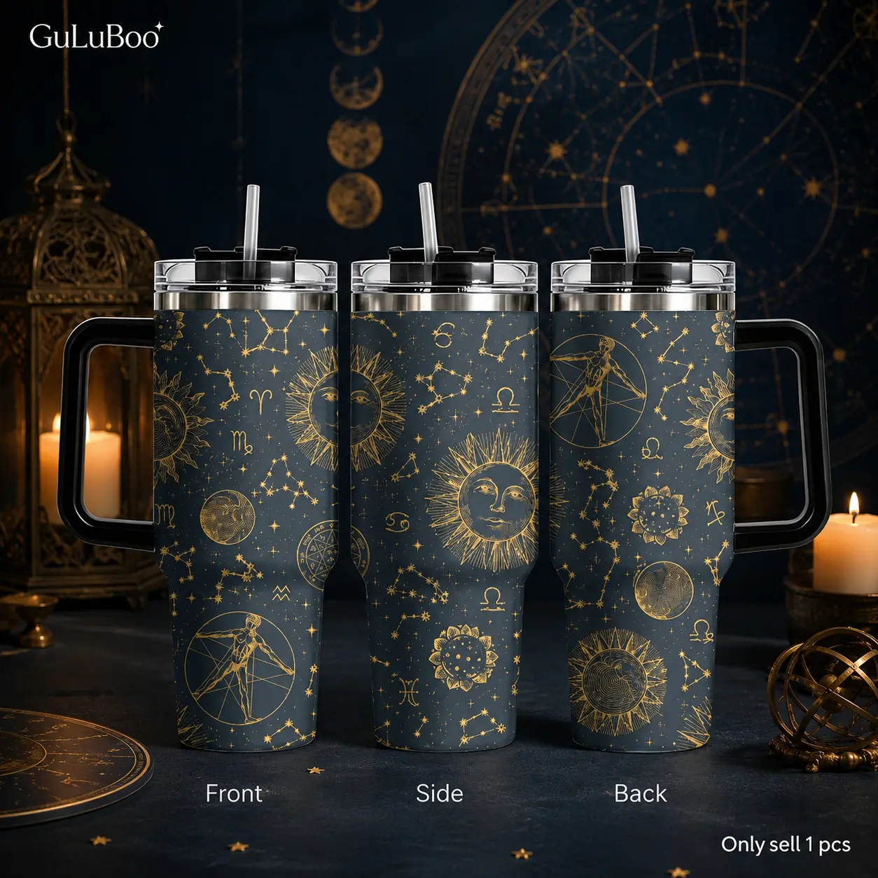 Astrology Sun Moon Patterns Vacuum Flasks GuLuBoo Vacuum Flasks 40oz Stainless Steel Vacuum Insulated Tumbler with Straw Leak Resistant Travel Mug Thermos Cup for Coffee, Gym & Office, Ideal Holiday Gift for Astrology Fans, Mystical Aesthetic Design