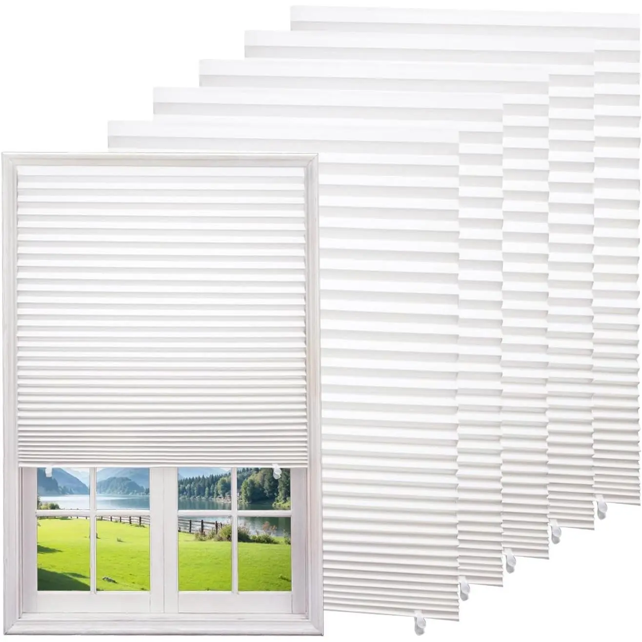 Changshade 6-Pack Temporary Light Filtering Paper Window Blinds, Cut to Size Adhesive Stick on Pleated Shades, No Drill Easy Install, 36" W x 72" H, White