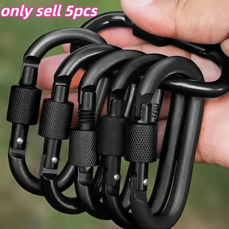 5-Piece Aluminum Carabiner Set, D-Shape Spring Hook, Screw Gate Design, Outdoor Keychain Clip, Multi-Functional Gear for Hiking, Camping, Climbing