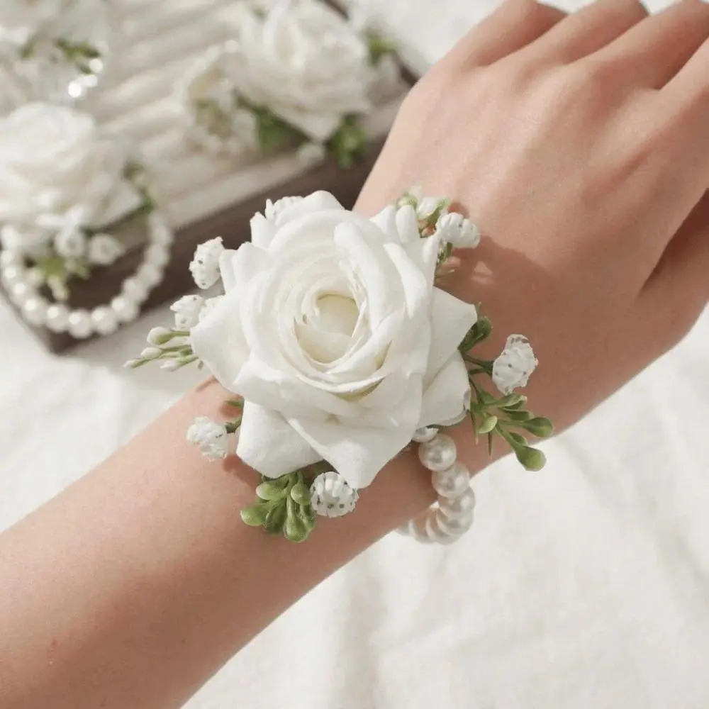 6PCS Corsages Set, 8 cm Silk Roses Artificial Flower Wrist Corsages, Exquisite Formal Wedding Bridesmaid Chain Wrist Accessories for Dinner Balls