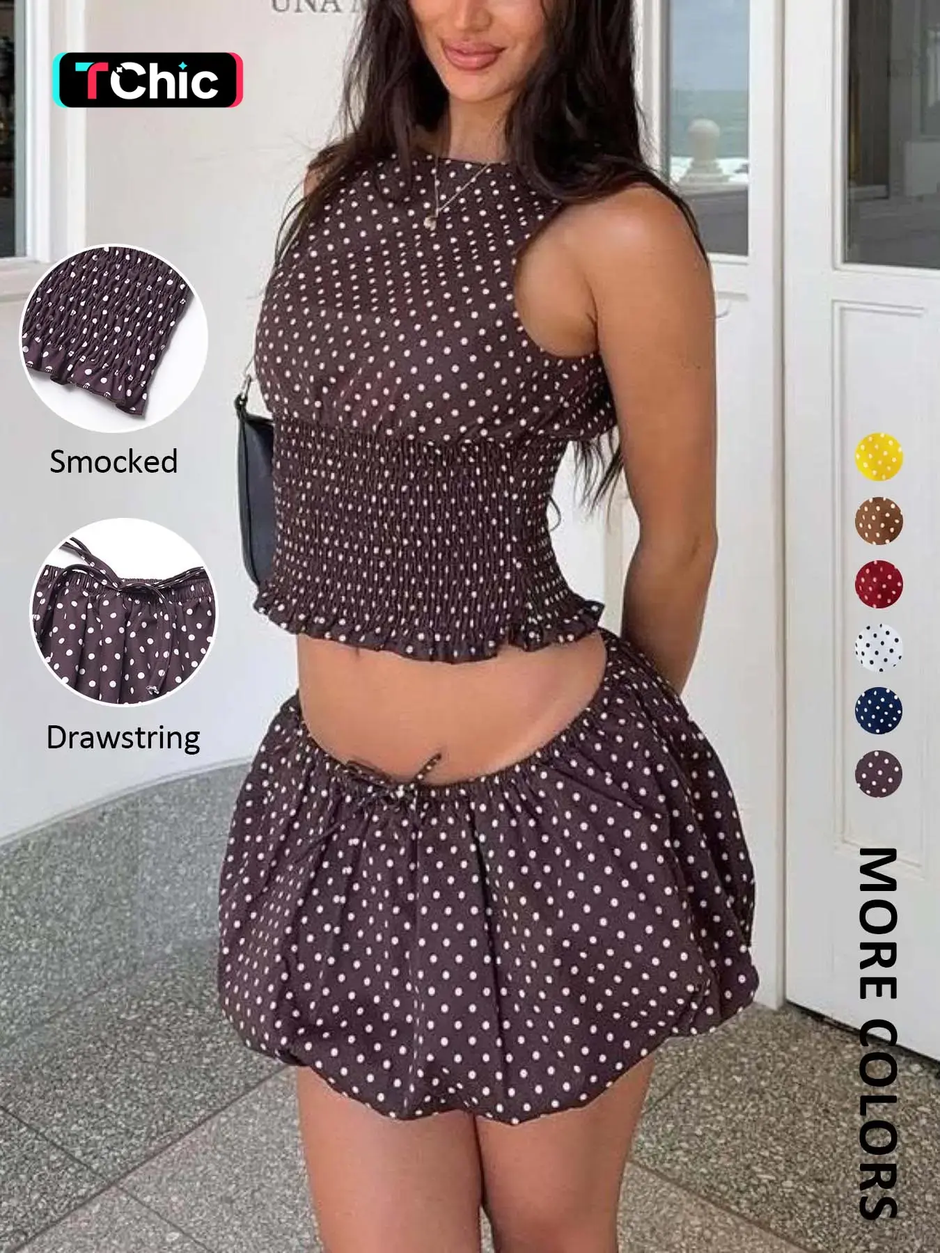 Vintage Ruched Dot Women Set Sleeveless Short Top & Drawstring Skirt, Sexy Slim-Fitting for Valentine's Day, Daily Streetwear Style, Half Skirt Set