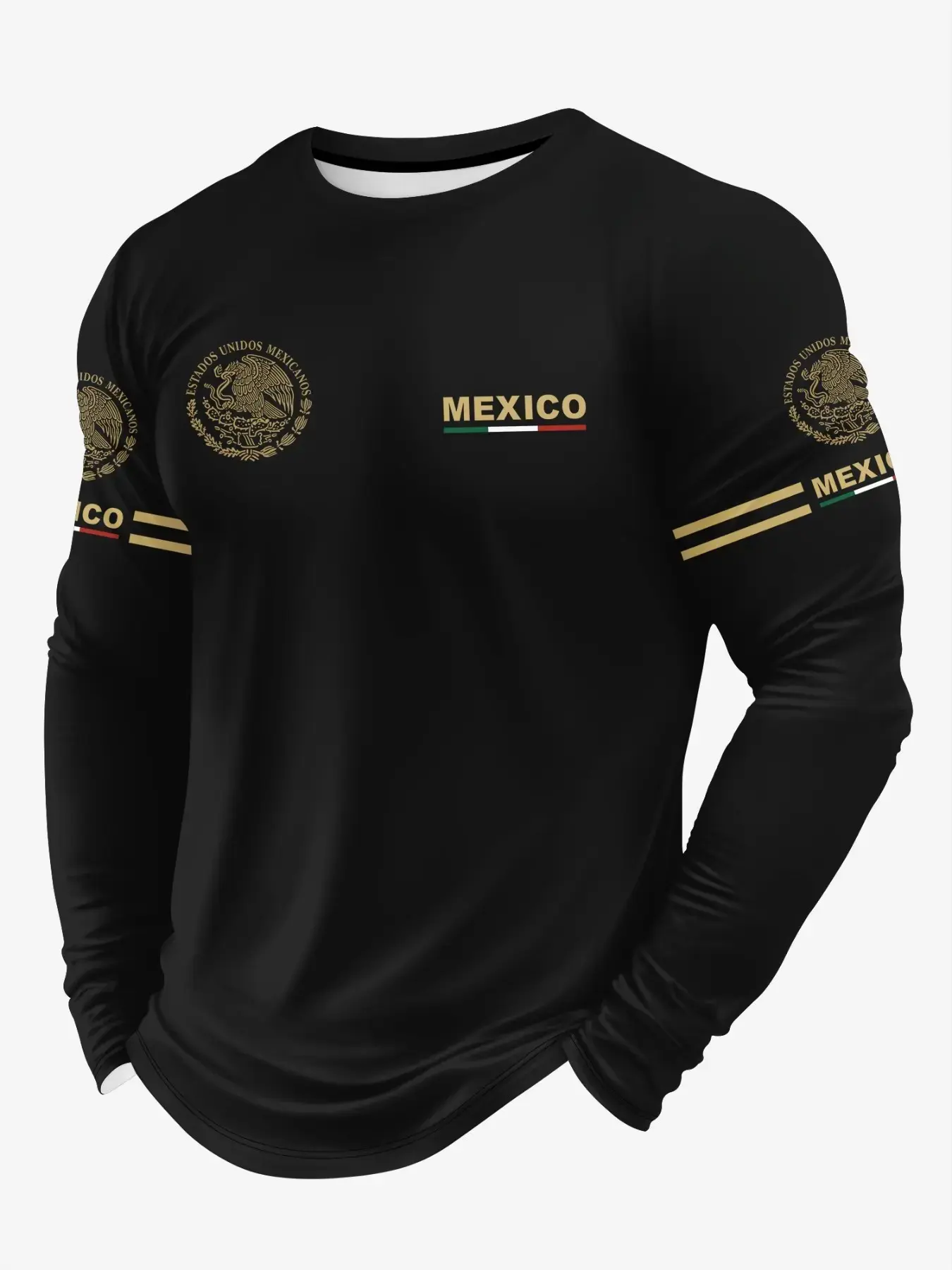 Men Mexico Country Theme Cultural Graphic Long Sleeve Crewneck Top, Soft Breathable Daily Casual Streetwear Tee With National Flag Color Strip Print, Multi Color Lightweight Loose Fit Long Sleeve Shirt For Daily Street Wear, Menswear