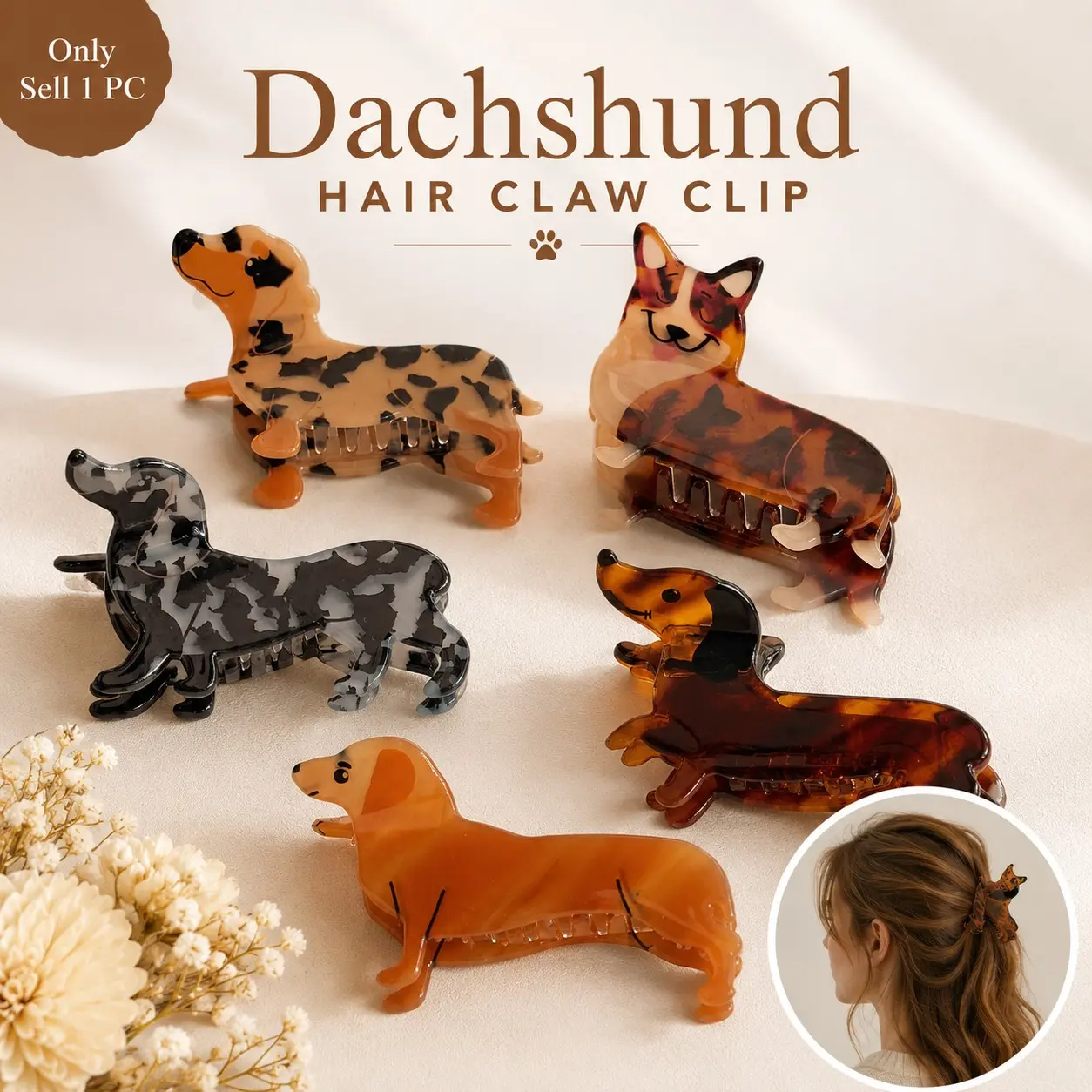 Dachshund Dog Hair Claw Clip, Cute Sausage Dog Hair Clip, Non-Slip Strong Hold, Accessories for Puppy Lovers, Cute Animal Funny Gift for Birthday Valentines Mother's Day, Acrylic Clips