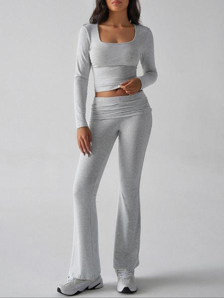 Women's Solid Color Square Neck Crop Tee & Flare Leg Pants Set, Casual Fashion Cozy Two Piece Outfits for Daily Outdoor Wear, Airport Outfit