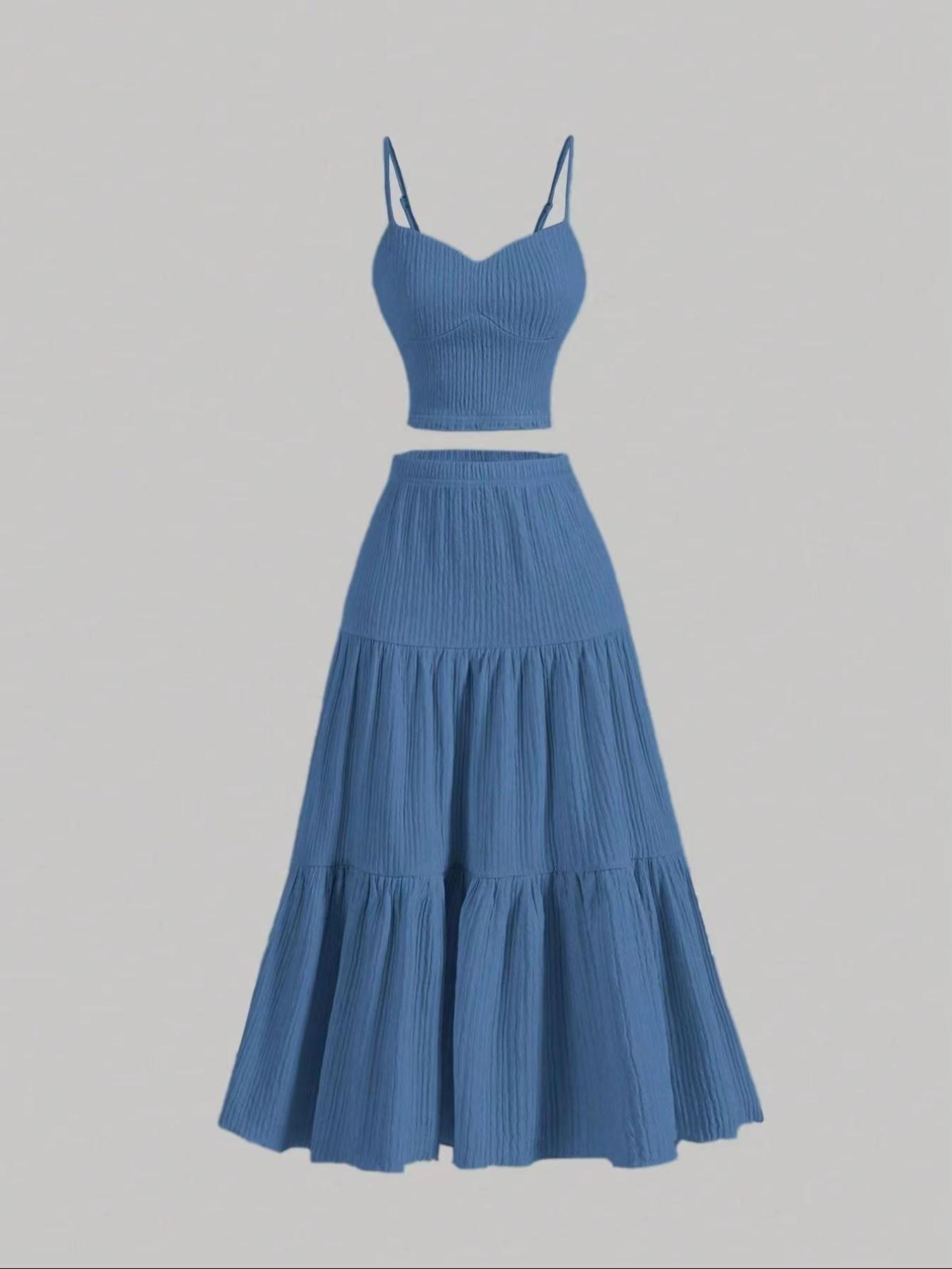 Women's Solid Crop Cami Top & A-line Skirt Two-piece Set, Casual Fashion Cozy Two Piece Outfits for Daily Outdoor Wear, Ladies Clothes for Summer Women's Solid Crop Cami Top & A-line Skirt Two-piece Set, Casual Fashion Cozy Two Piece Outfits for Daily Outdoor Wear, Ladies Clothes for Summer