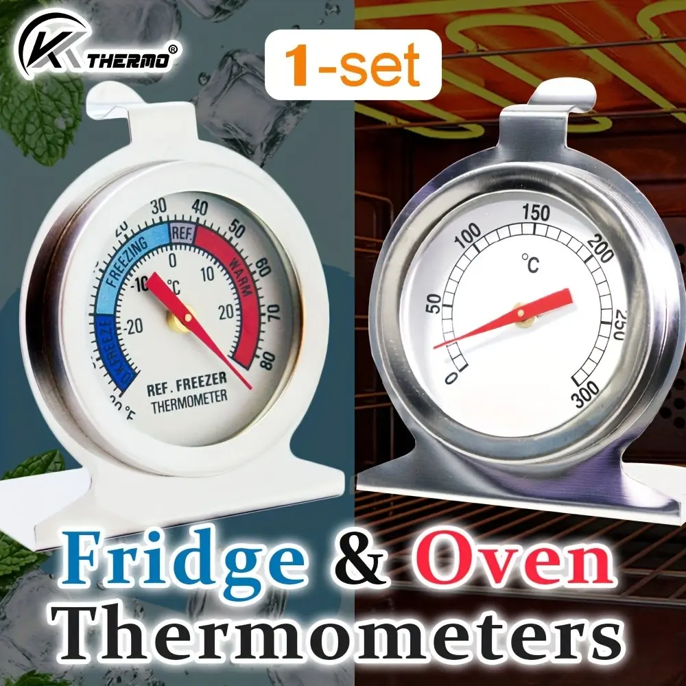 Stainless Steel Oven & Refrigerator Thermometer Set, Dual Scale, -28 to 26°C/-20 to 80°F, 50-300°C/100 to 600°F, BBQ, Baking, Meat Cooking, Kitchen Tool, Battery-Free
