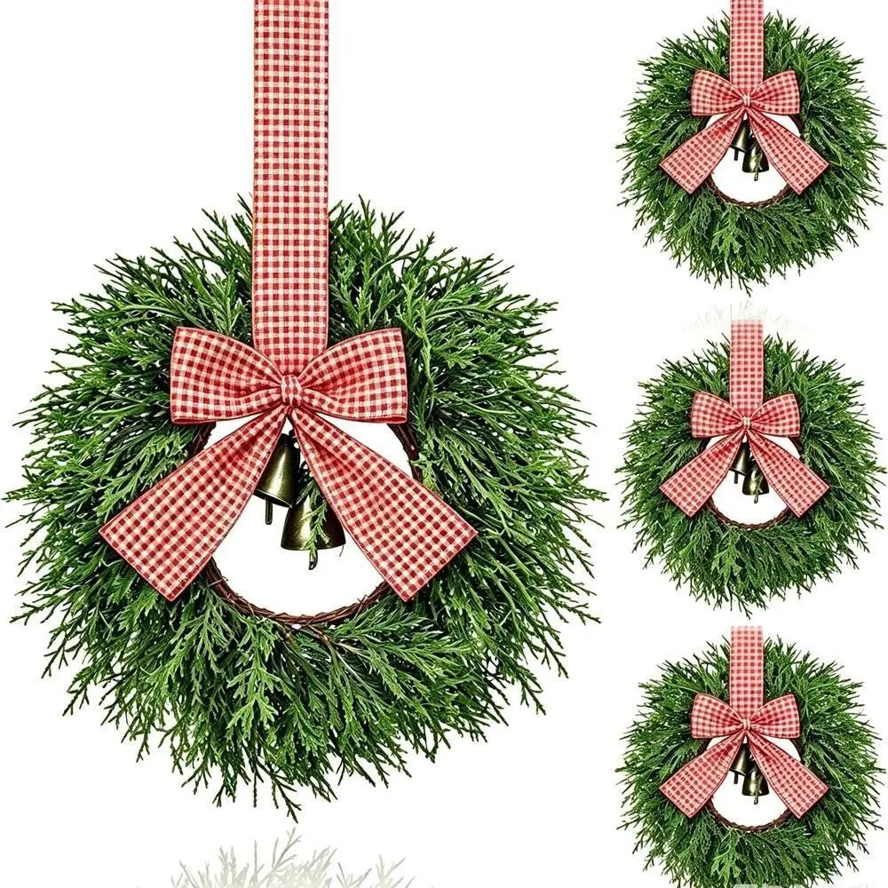 4 Mini Christmas Wreaths for Cabinets, 10.2 Inch Cedar Wreaths with Vintage Bell and Velvet Ribbon, Farmhouse Decor for Kitchen Fireplace Doors