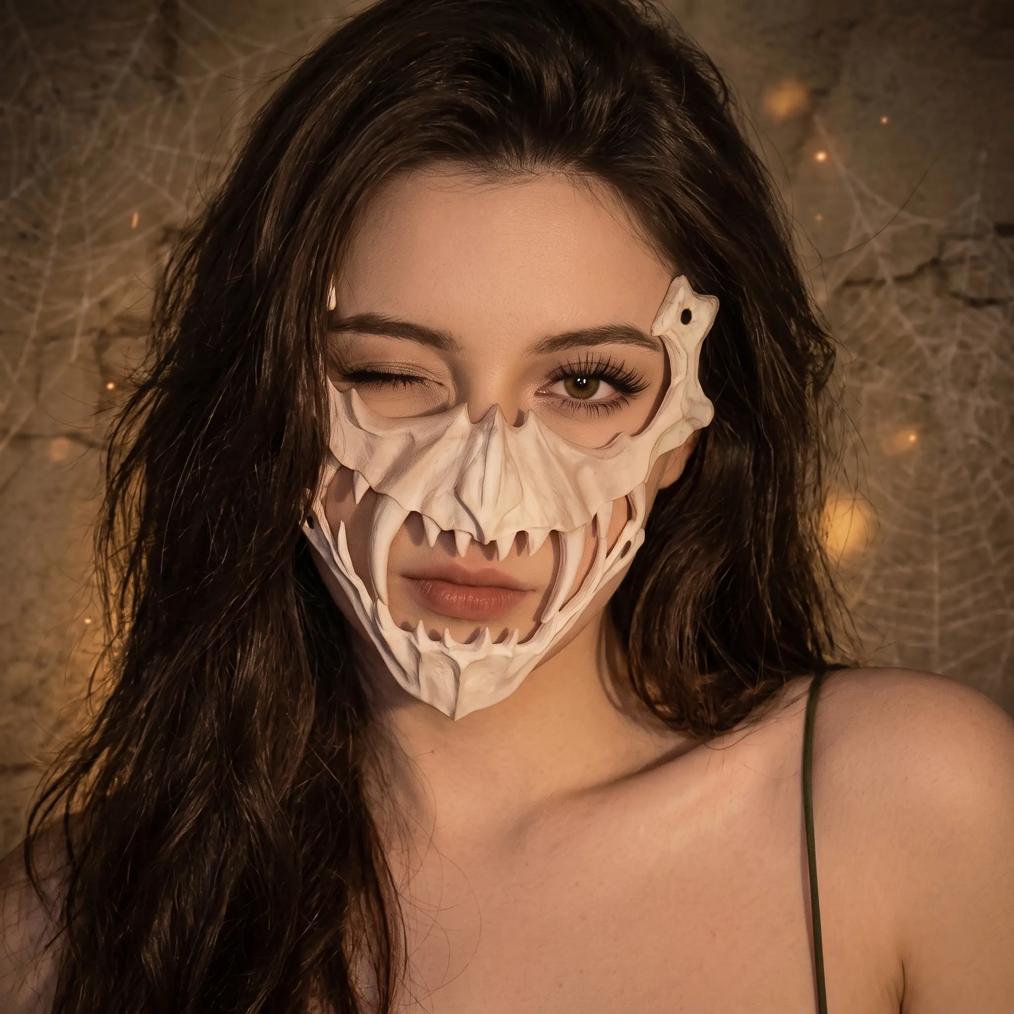 Halloween Skull Jaw Costume Mask - Realistic Bone-Texture Half-Face Fangs Design White Werewolf Realistic Mask, Durable Gothic Cosplay Sports & Outdoor Face Cover Prop