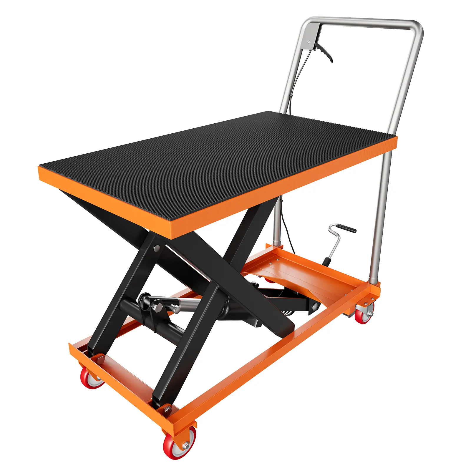 Manual Heavy-Duty Hydraulic Scissor Lift Table Cart holds 330–1100 lbs with 35.4'' max lift height, anti-slip steel tabletop, lockable PU swivel casters and ergonomic foot pedal, ideal lifting trolley for warehouse, garage and factory cargo moving