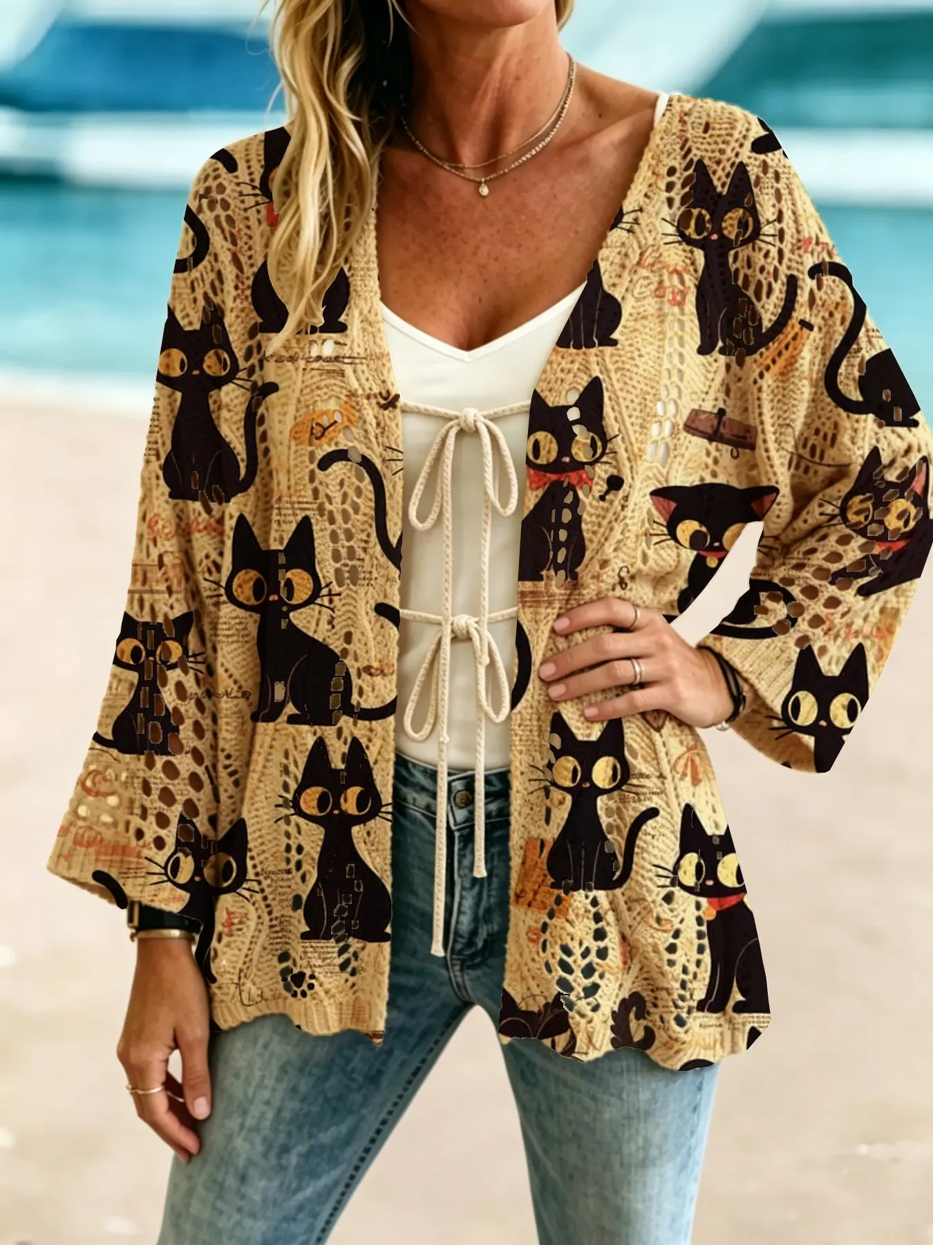 Elegant Women's Cartoon Cat Print Long Sleeve Knit Cardigan, Breathable Casual Open Front Tie-Up Sweater, Spring Summer Fall Fashion