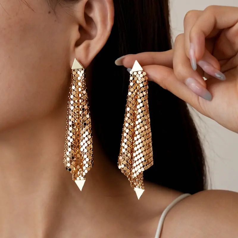 Statement Tassel Earrings for Women, Gold Plated Long Dangle with Triangle Top and Shiny Sequin Mesh, Evening Party Jewelry, Jewelry For Women