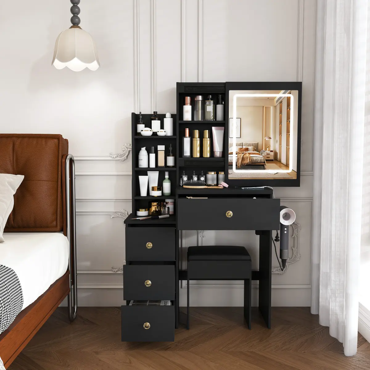 Sturdy Black Modern Stand-Alone Makeup Vanity Desk with Oversized Mirror, 3-Mode Adjustable Brightness LED Lighting, 4 Drawers, Open Storage Shelves, Hair Dryer Holder, Power Socket, Dressing Chair, MDF Board (Vanities with Mirror and Lights and Drawers)