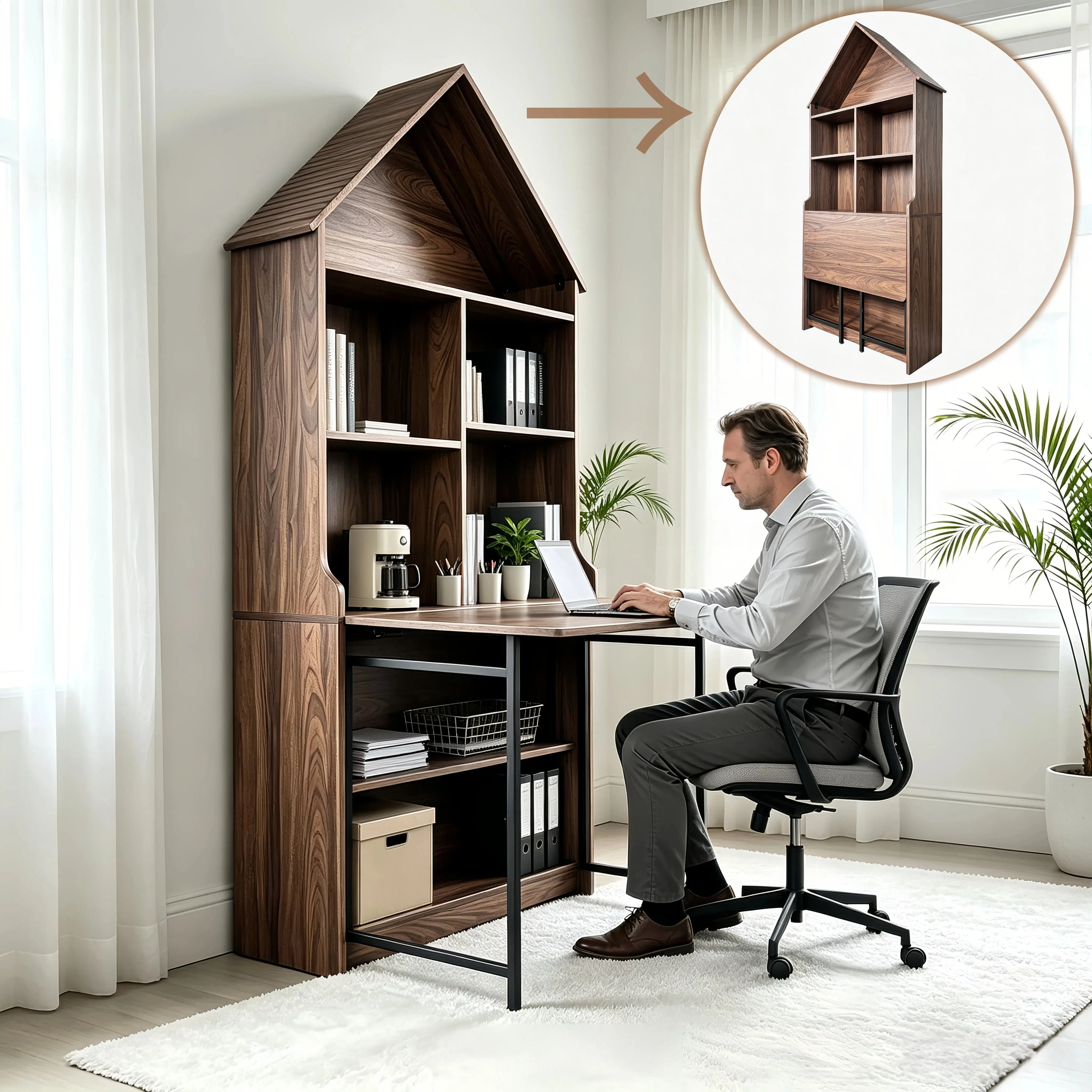 ARCH Folding Convertible Desk to Bookshelf Hideaway Craft Table with Storage Shelves, Natural Walnut MDF Foldable Disappearing Desk for Small Spaces, Study Room Vanity Desk, Floor Mount Rectangular Trestle Legs, Glossy Finish, Arched Top