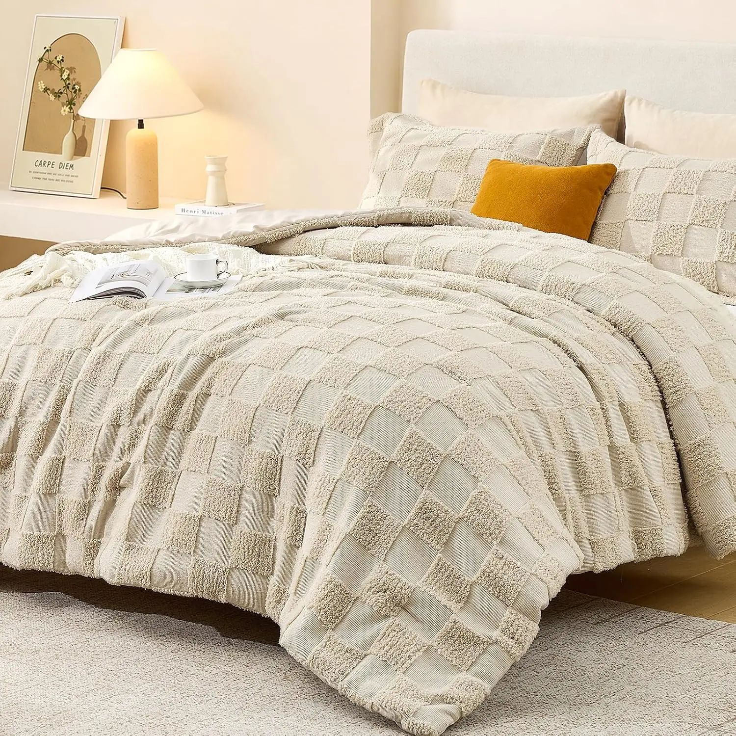 Comforter Set, 3 count Boho Tufted Bed, Checkered Bedding, Beige |  Geometric Design, - Use,  Style, Soft Jacquard Texture, for Bedroom, Guest Room & Dorm