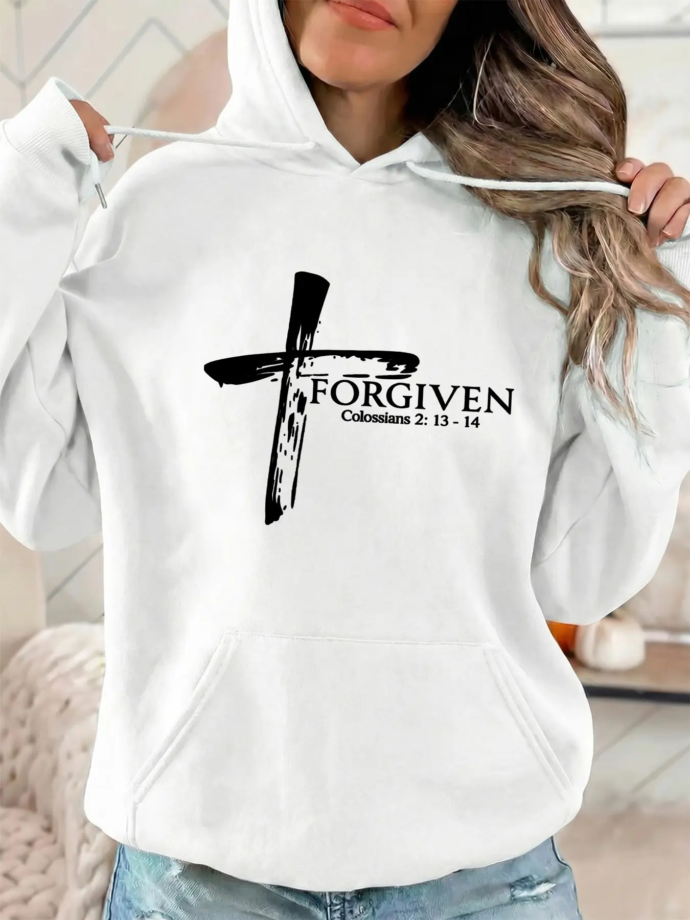 Women's fashionable hooded sweatshirt with FORGIVEN letter printed with pattern design, drawstring kangaroo pocket. Autumn and winter casual sportswear sweatshirt. Suitable for casual parties and sporty outfits.