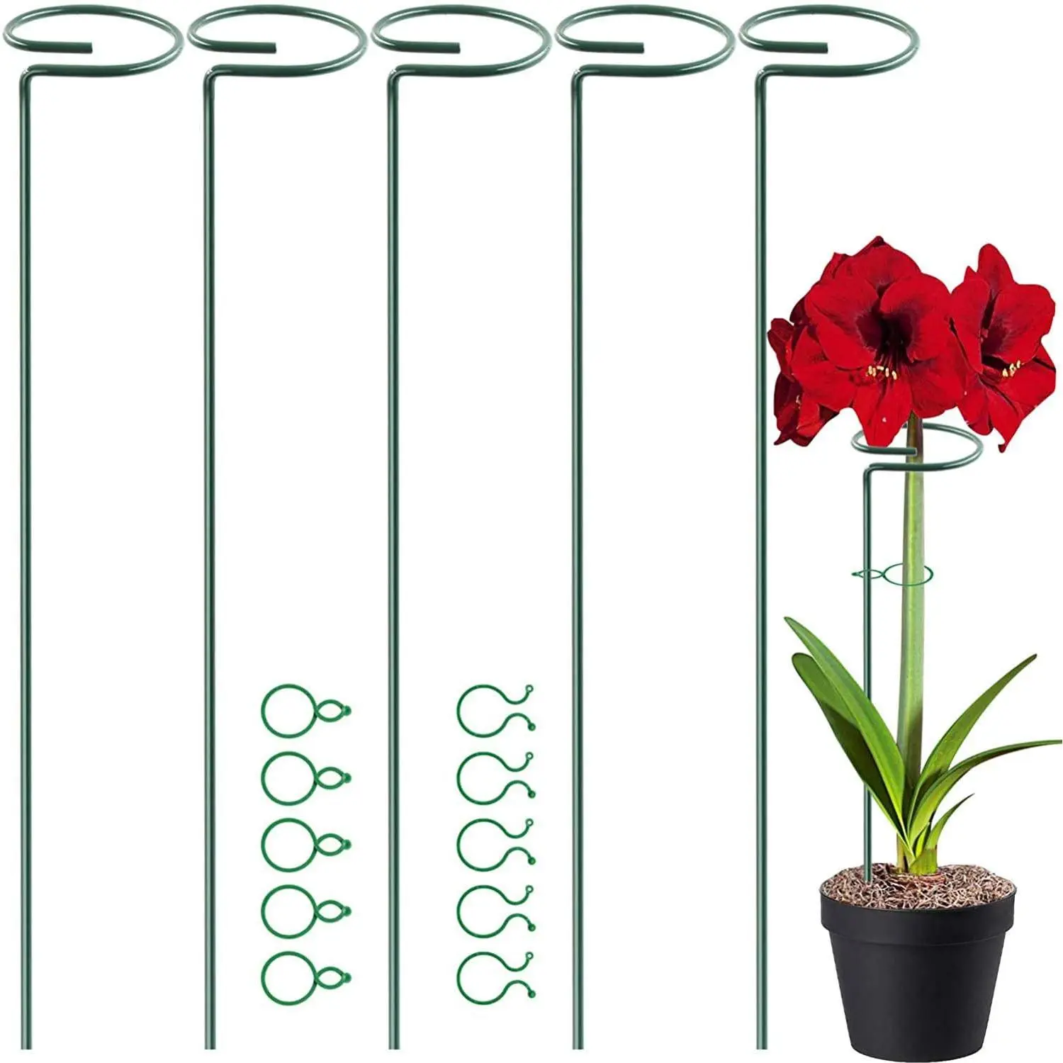 5 Pack  Support Stakes, Garden Single Stem Flower Support Stick Metal Amaryllis  Cage Support Rings with 10 count  Clips for Orchid  Peony Rose Stem (40 cm/16 inch Long)