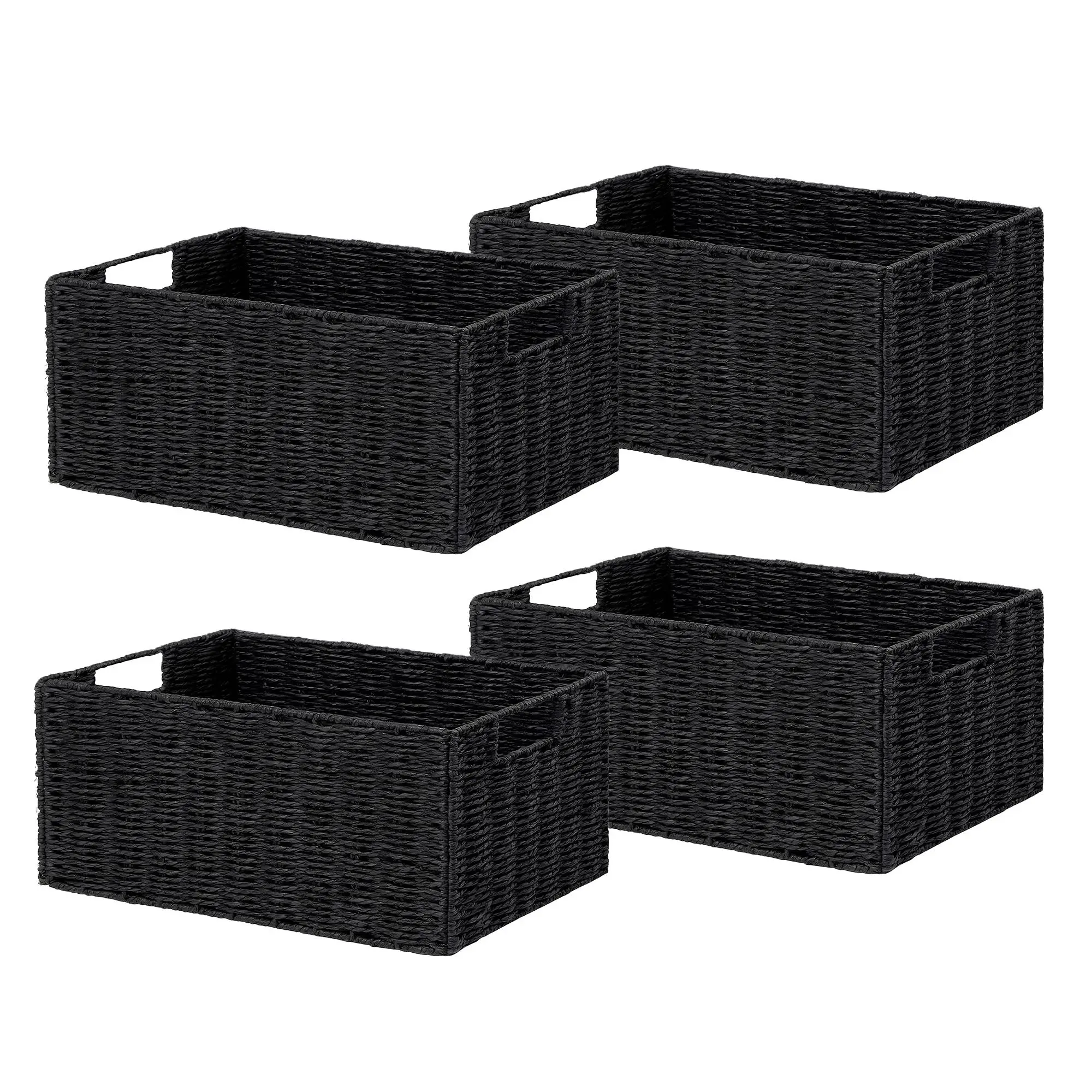 4-Piece Collapsible Woven Storage Baskets - Rectangular Paper Rope Decorative Organizer Boxes with Handles - Eco-Friendly, Breathable, Lightweight, Space-Saving - For Shelves, Bathroom