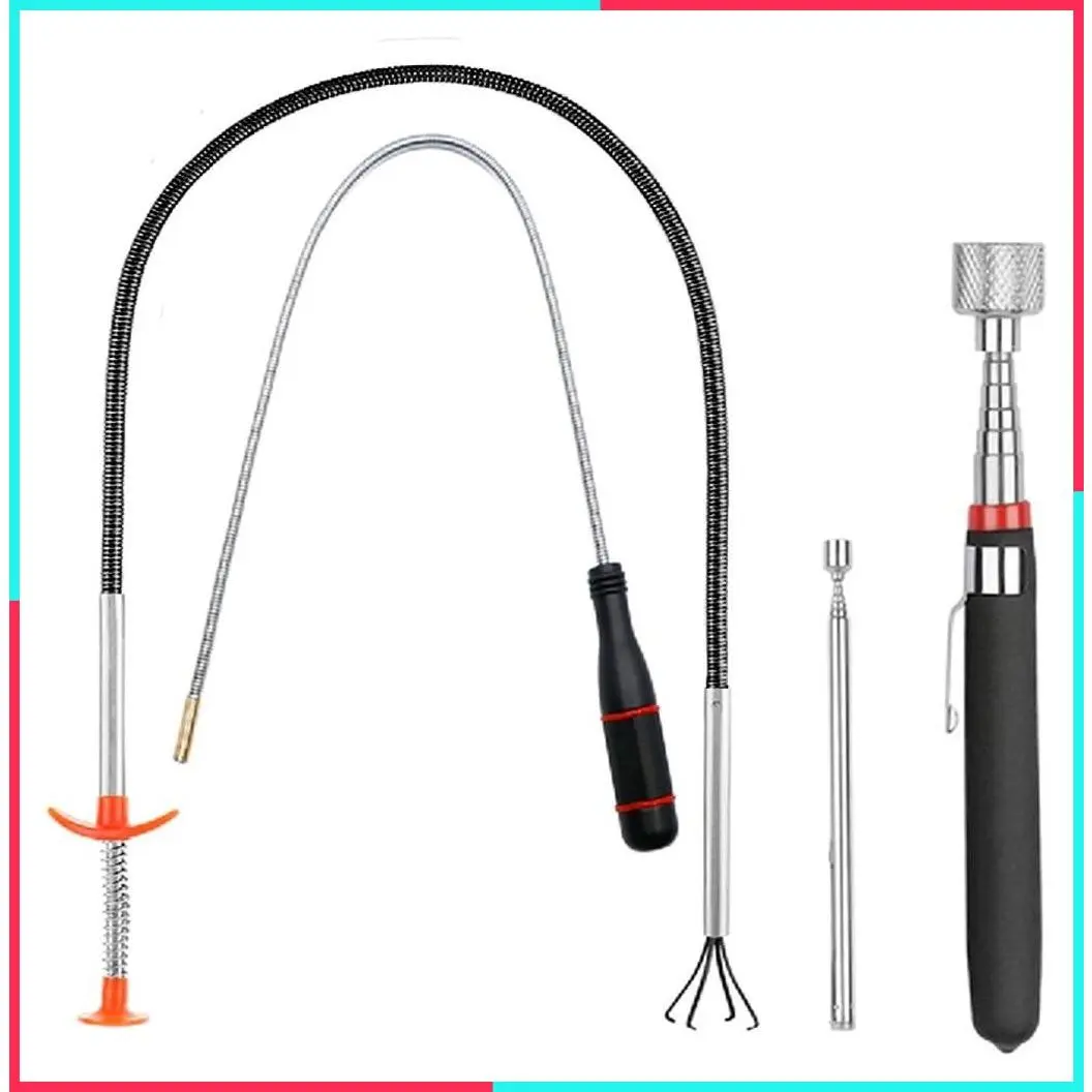 4 Pack Telescoping Magnetic Pickup Tool Set, Extendable Bendable Spring Magnet Stick, Flexible Extra Long Reach Curved Grabber with 4 Claws
