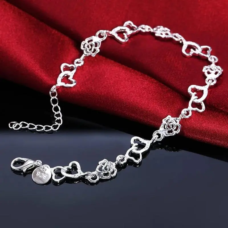 925 Sterling Silver Charm Bracelet for Women, Dainty Heart & Flower Charms on a 20cm Chain, Elegant Jewelry for Wedding, Party & Daily Wear
