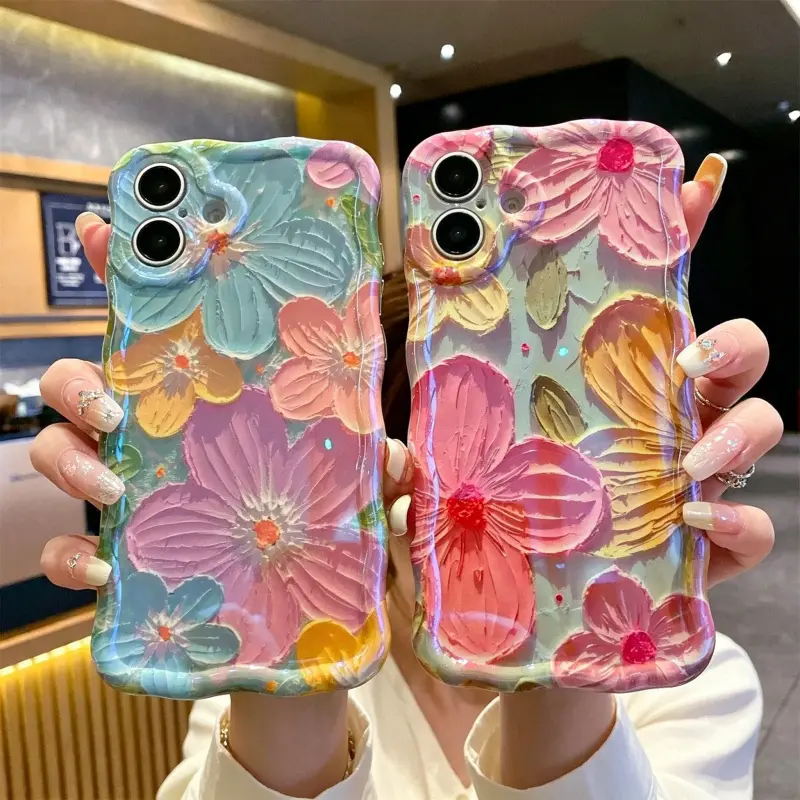Women's Buttery Soft TPU Silicone Shiny Retro Oil Painting Floral Smartphone Case - Ultra-Thin Anti-Drop Magnetic Cover for iPhone XS,11-17,16-17 Pro Max, Orange White Sparkly Wave Skull Vintage Girly Handheld Cellphone Devices Protection Accessory, Casin