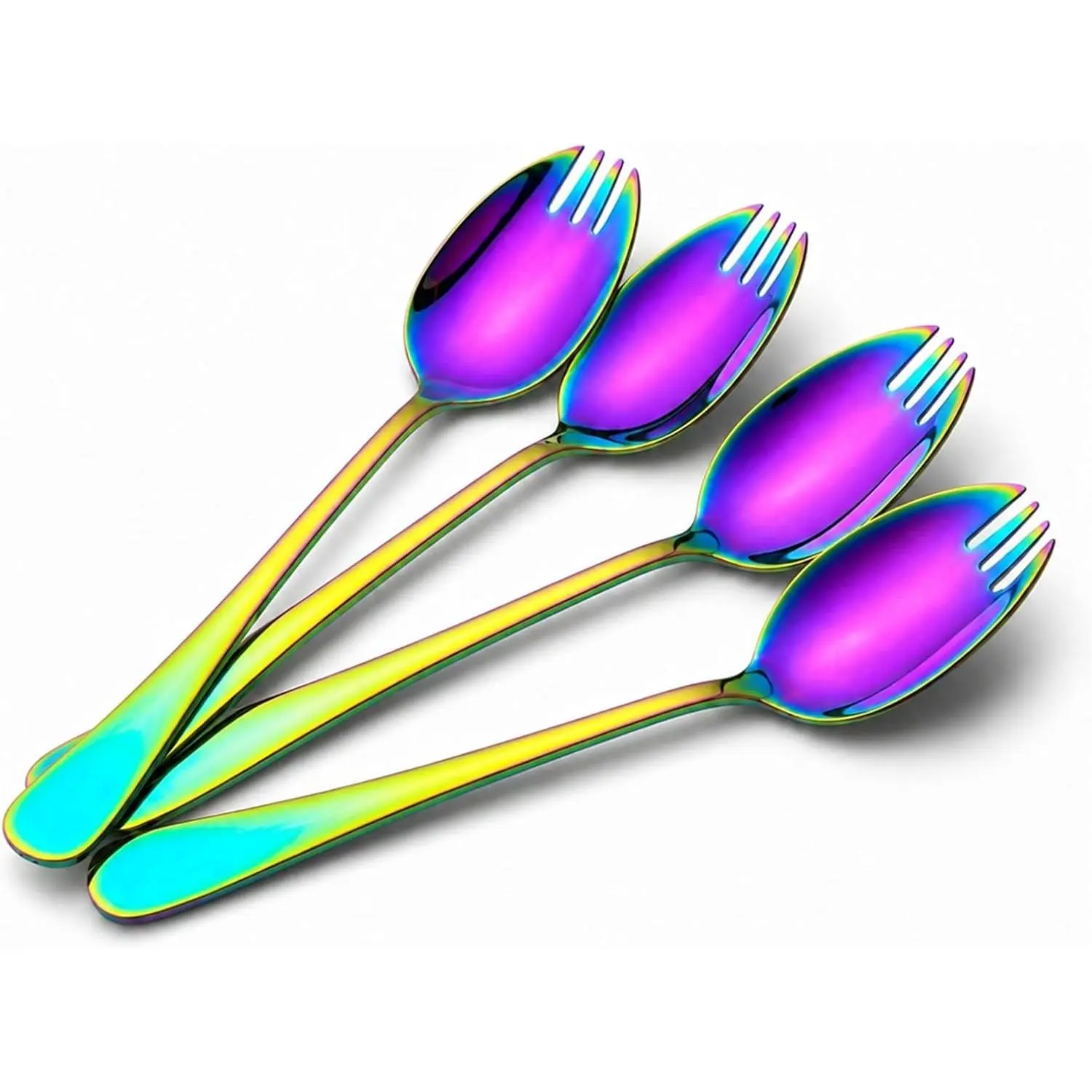 304 Stainless Steel Sporks, 4-Pack 7.2-Inch Rainbow Finish | Heavy Duty Salad Forks for Pasta, Soup, Rice, Ice Cream, Frozen Desserts, Camping & Hiking,  to School, Lunch Boxes