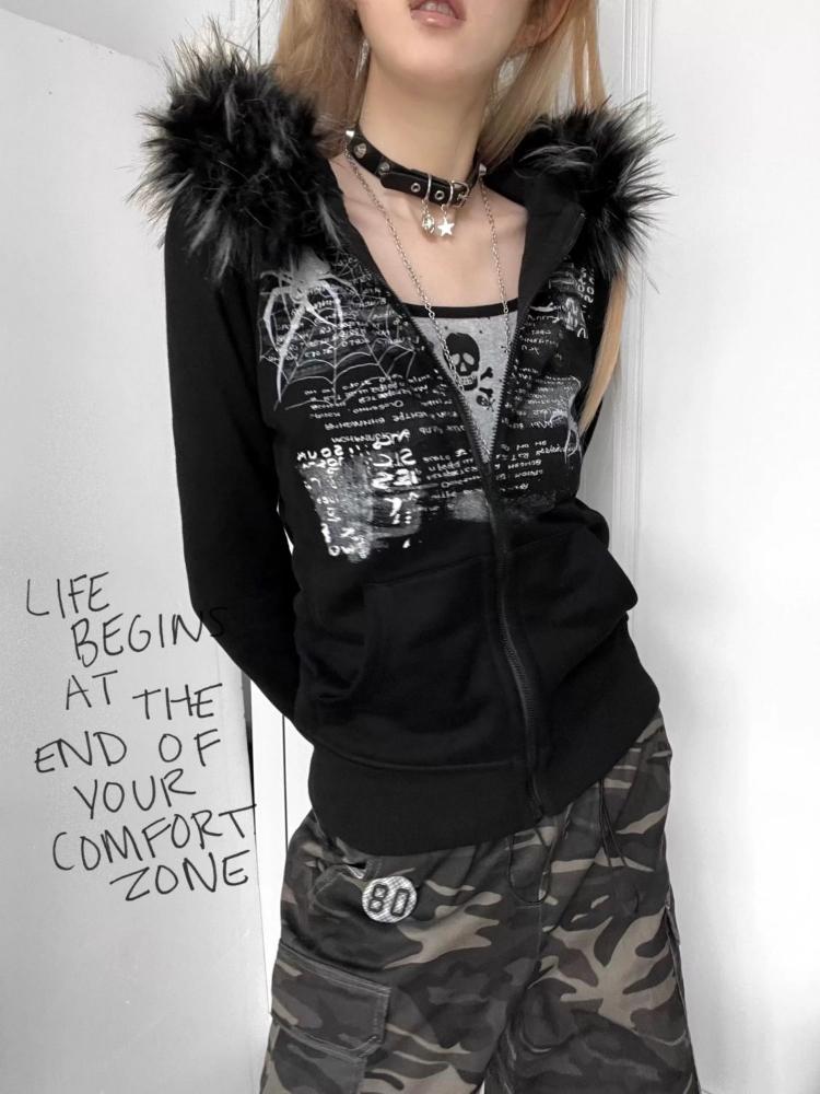 ヴィンテージ風 grunge スウェットジャケット 古着系 Y2K レディース Y2k Fur Patchwork Grunge Hoodies Women Streetwear Vintage Harajuku