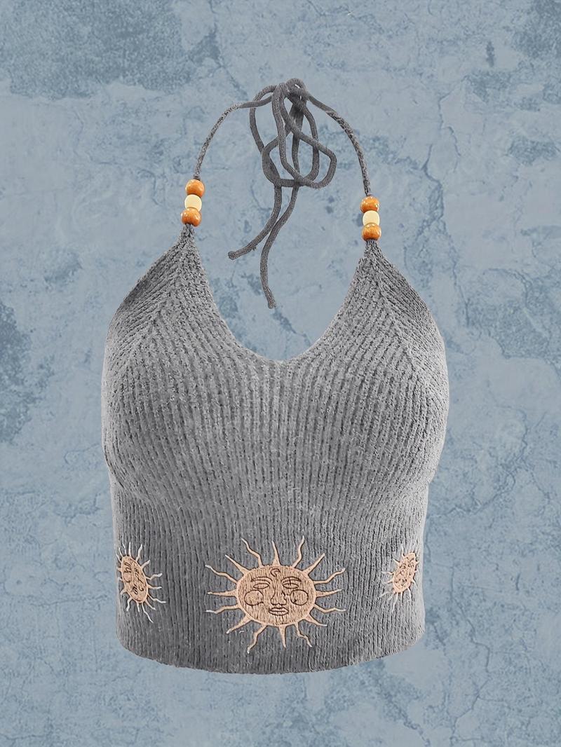 Women's Ethnic Pattern Halter Neck Crop Sweater Vest, Boho Casual Tie Back Backless Cami Top for Summer, Ladies Clothes for Beach Holiday Vacation