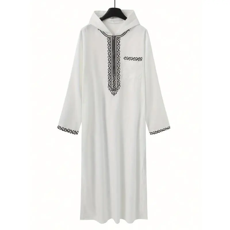 Adha Thobe - White Blend Traditional Arabic Cultural Robe with Black Embroidery, Round Neck, Hand Washable, All-Season Wear for Festive Occasions