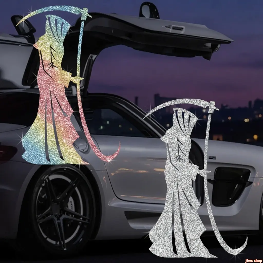 2026 New Bling Rhinestone Grim Reaper Glitter Gothic Car Sticker Set with Waterproof UV Resistant Vinyl Decal Spooky Skeleton Design for Rear Window Bumper Side Door Decor Funny Halloween Gift Auto Accessory for Car Truck SUV Daily Commute Party US Design