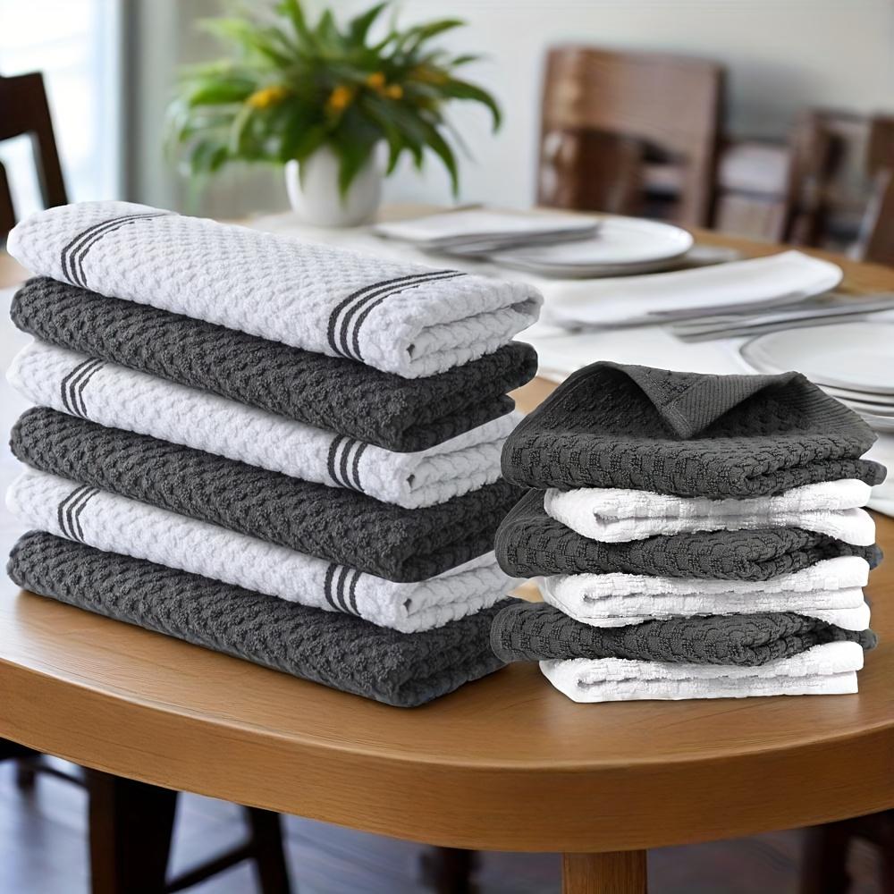 12pcs 100% Cotton Kitchen Towel Set |     6 Hand Towels (15" X 25"), 6 Wash Towels (12" X 12") - Striped Weave, Absorbent & Durable Dish Towels For Cooking, Cleaning & Drying - Perfect For Christmas & Holiday Kitchens