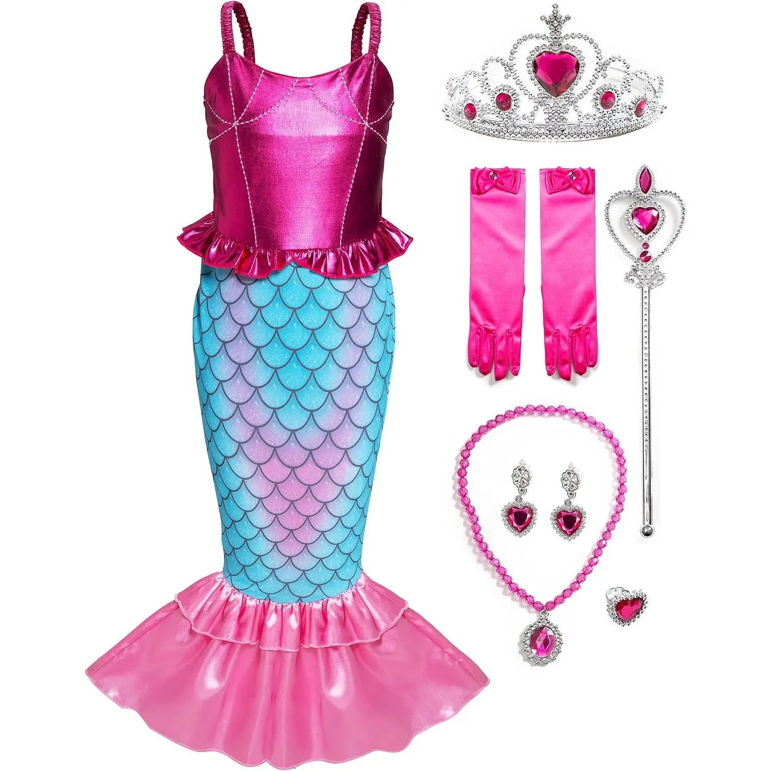 Girls Mermaid Princess Dress Up Costume with Accessories, Pink, 4T(Gift)