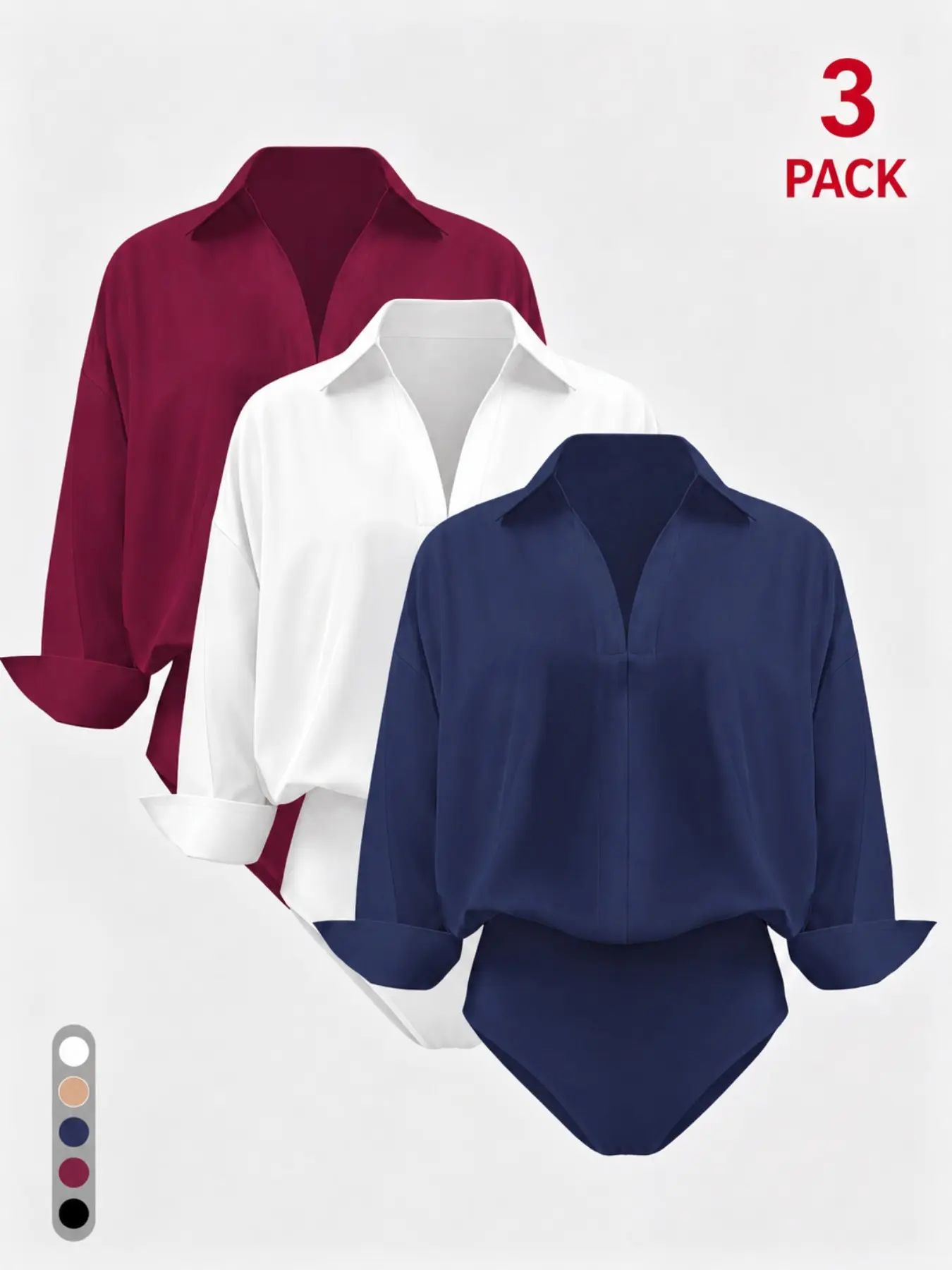 Women's 3-Pack Collared V-Neck Blouses, Slim-Fit Organic Top, Sporty Style, All Seasons, Solid Color, Ideal for Office, Dates, Daily Wear, Daily Wear Tops