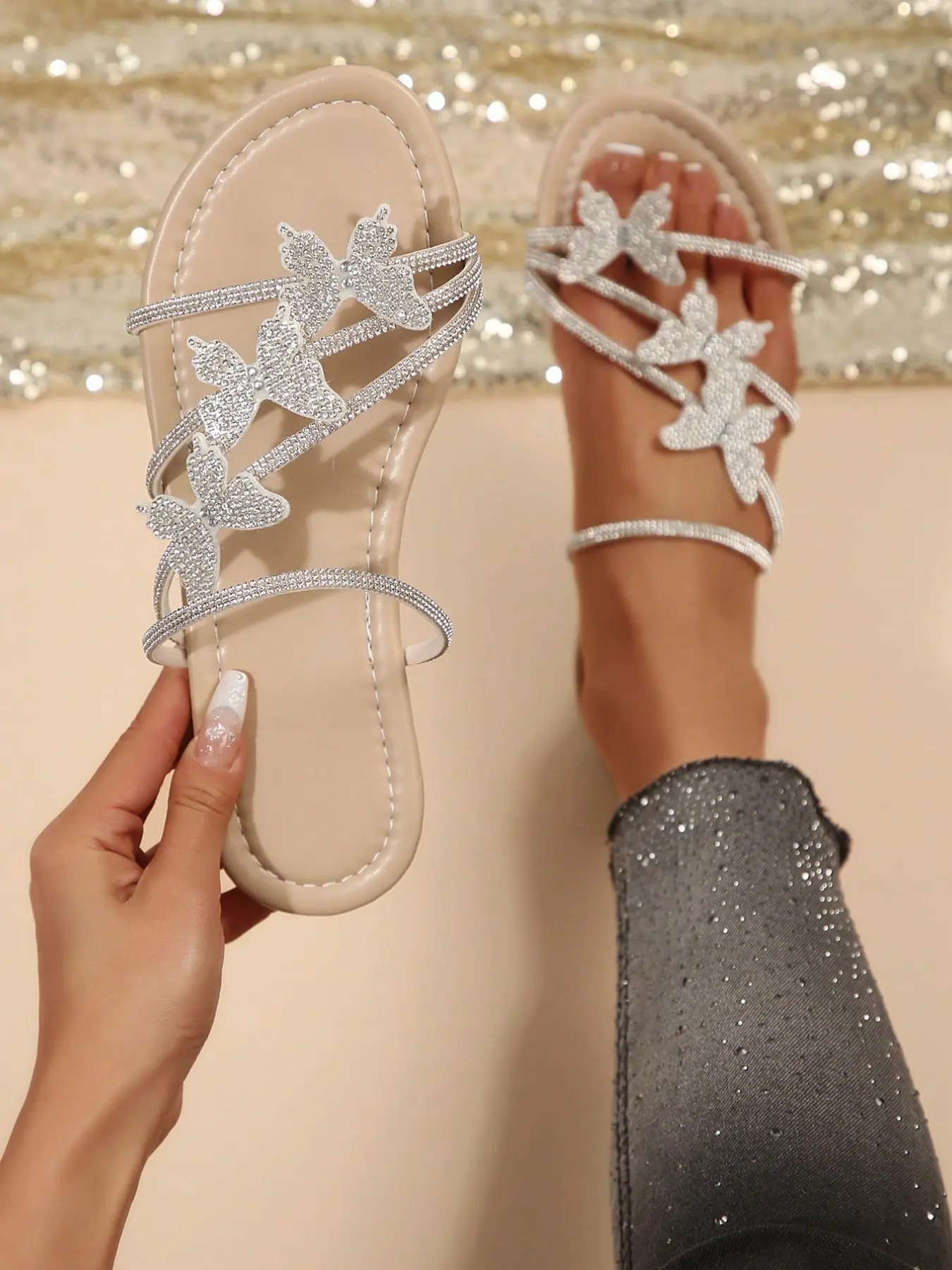 Colorful Rhinestone Bow Multi-Strap Two-Way Women's Sandals, Summer Fall French Style Silver Color Slippers, Party Casual Home Wear