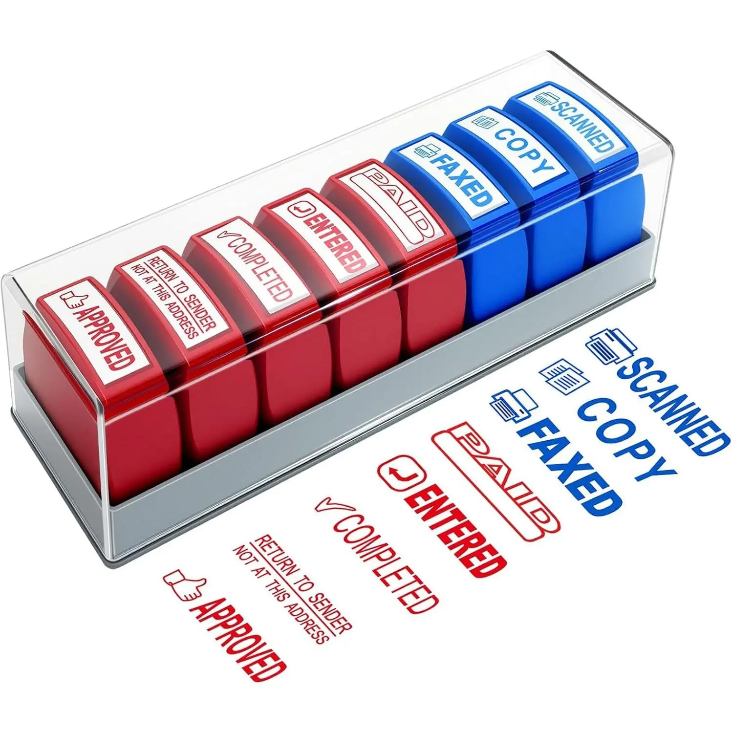 8PCS Office Stamps Set, Paid Scanned Approved Copy Faxed Completed Entered Return to Sender Message Stamp with Storage Tray, Rubber Business Stamp in Red and Blue Ink, Account Finance Staff Supplies