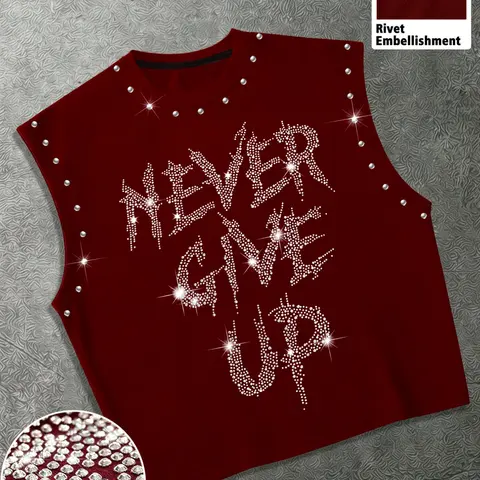 Summer Unisex Casual Sleeveless Vest, 'Never Give Up' Rhinestone Design, Streetwear Loose Fit, Perfect for Parties and Daily Wear