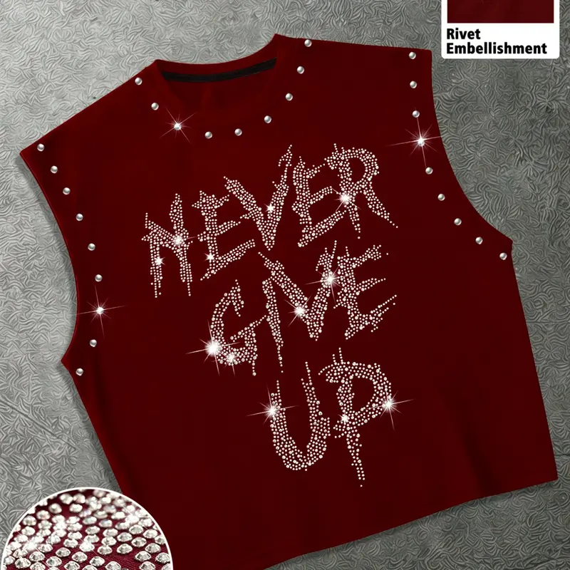 Summer Unisex Casual Sleeveless Vest, 'Never Give Up' Rhinestone Design, Streetwear Loose Fit, Perfect for Parties and Daily Wear