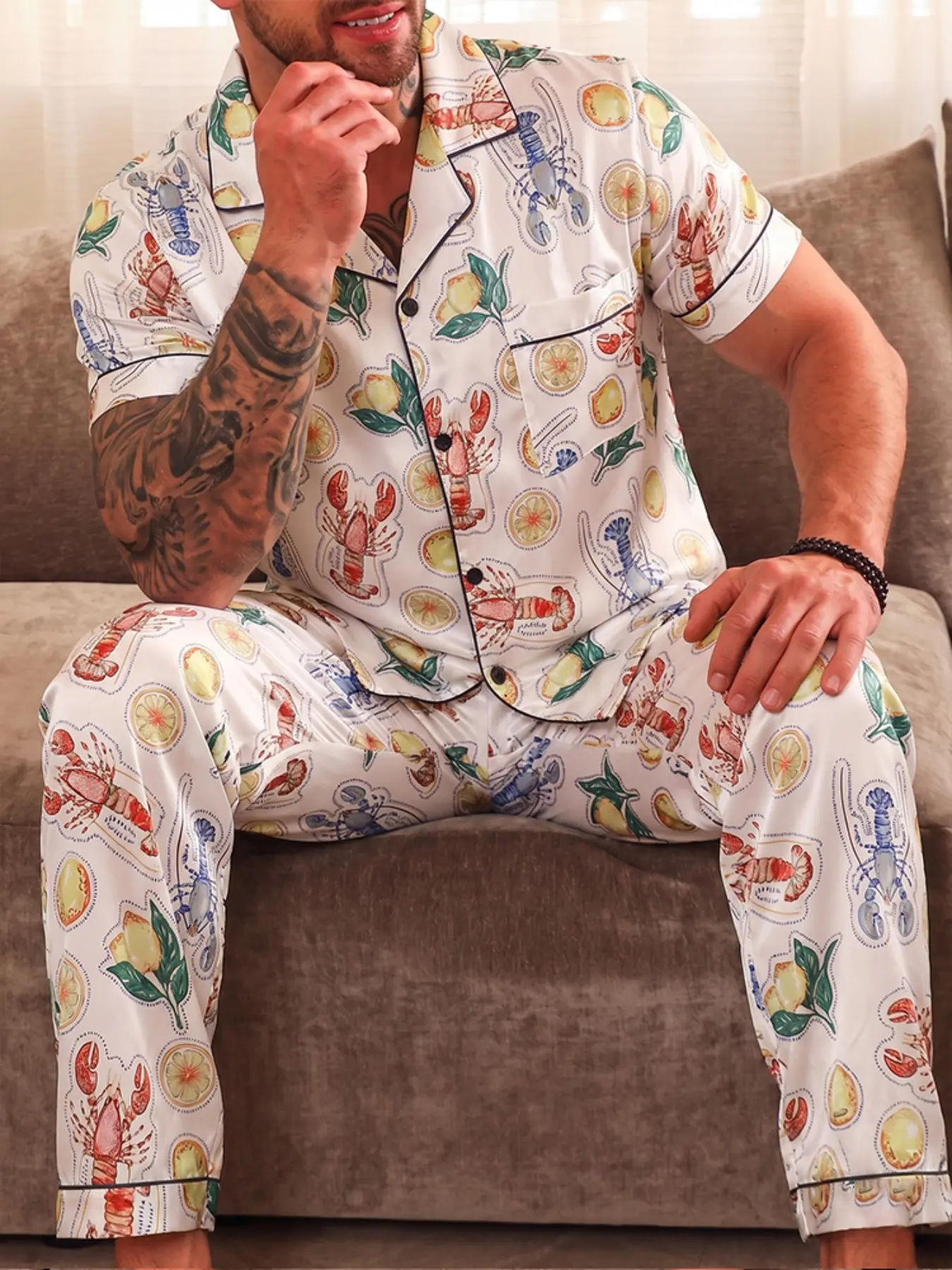 Men's Casual Short Sleeve Pajama Set, Comfortable Lobster Print, Summer Loungewear, Fitted Ankle Length, Button Front Design, Summer Pajamas