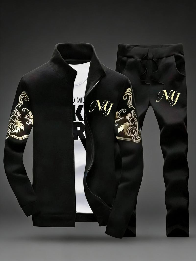 Stylish Men's Embroidery Stand Collar Tracksuit - Full Zip 2-Piece Casual Sportswear for Daily Leisure & Casual Outfits