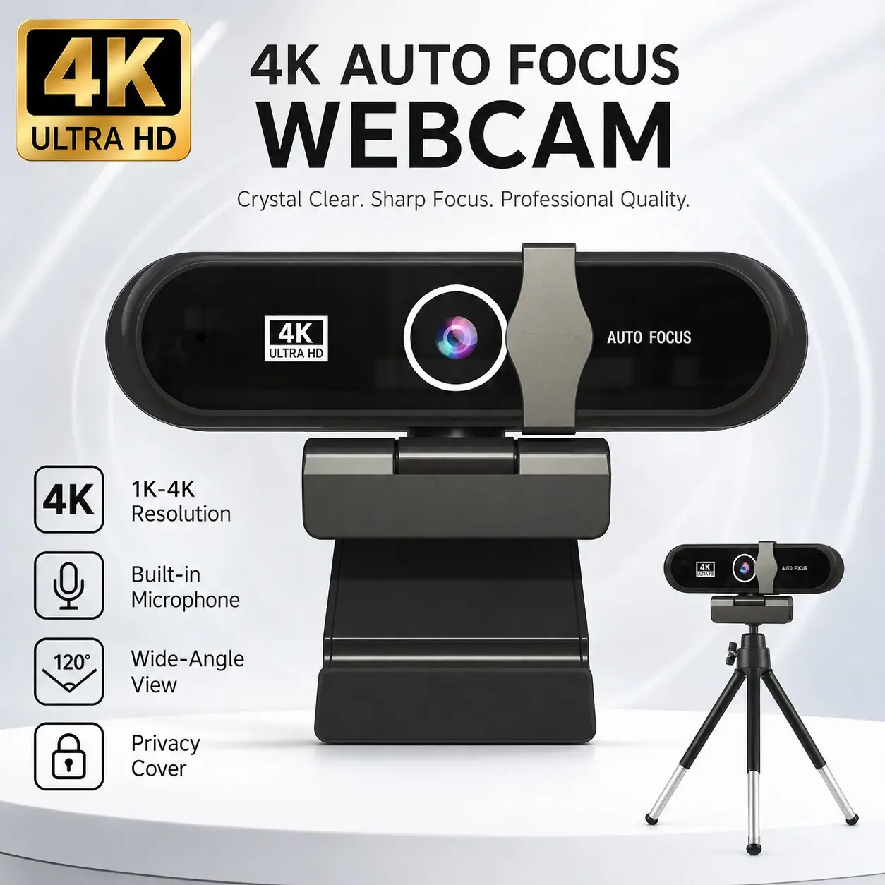 4K Ultra HD Webcam with Tripod and Privacy Cover, Auto Focus, 30fps, USB Plug-And-Play,Mic, Ideal for Online Meetings and Streaming