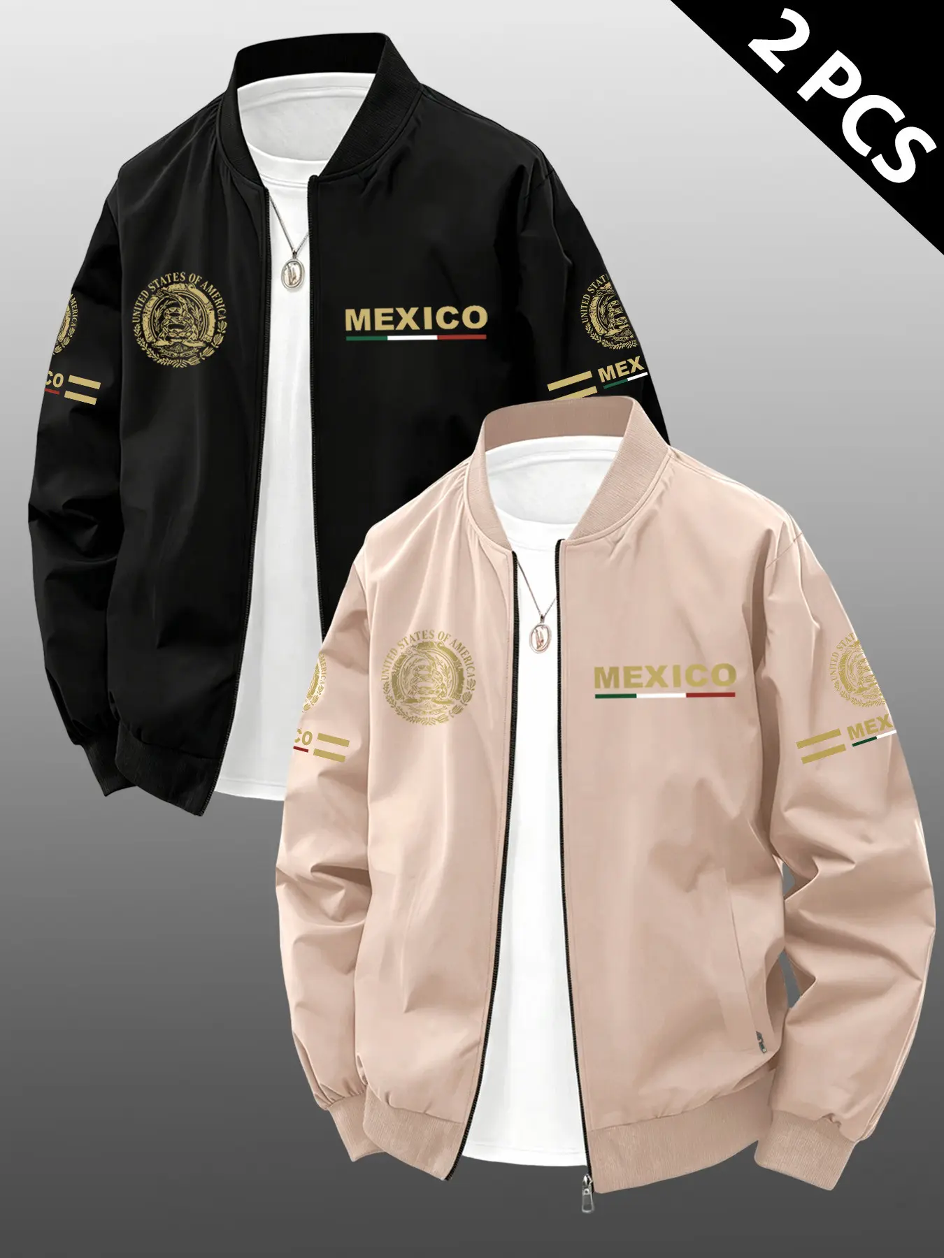 Men's Casual Jacket Set, Trendy Mexico Flag Print, Zip Pocket Design, Perfect Gift for Boyfriend or Father