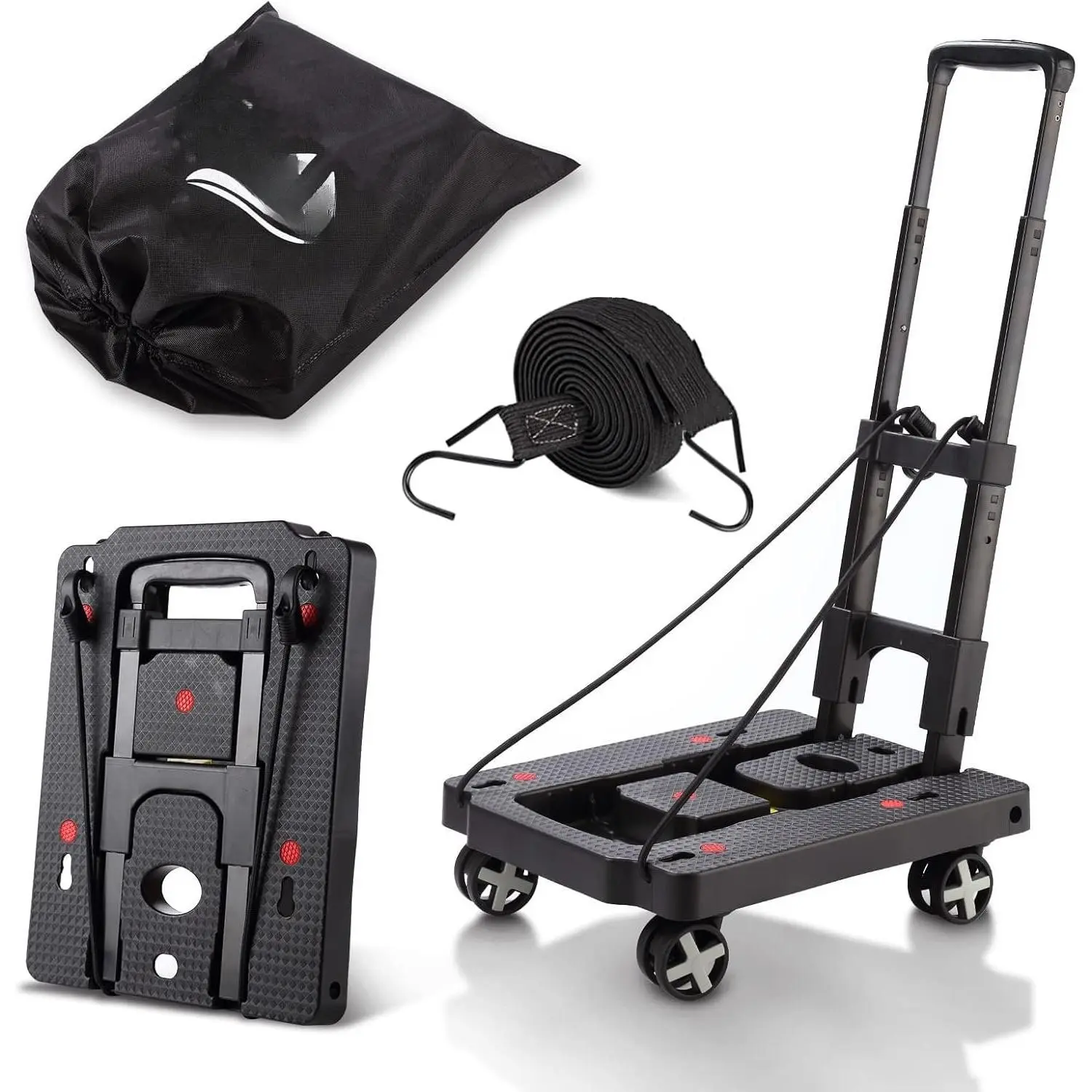 Foldable Hand , Lightweight Luggage Cart for Airport  Seat | Black compact  with4wheels,storage size12×15.7×4.1in,300lbs Load,Upright Lock Handle,4 swivel wheels with 3bungee cords